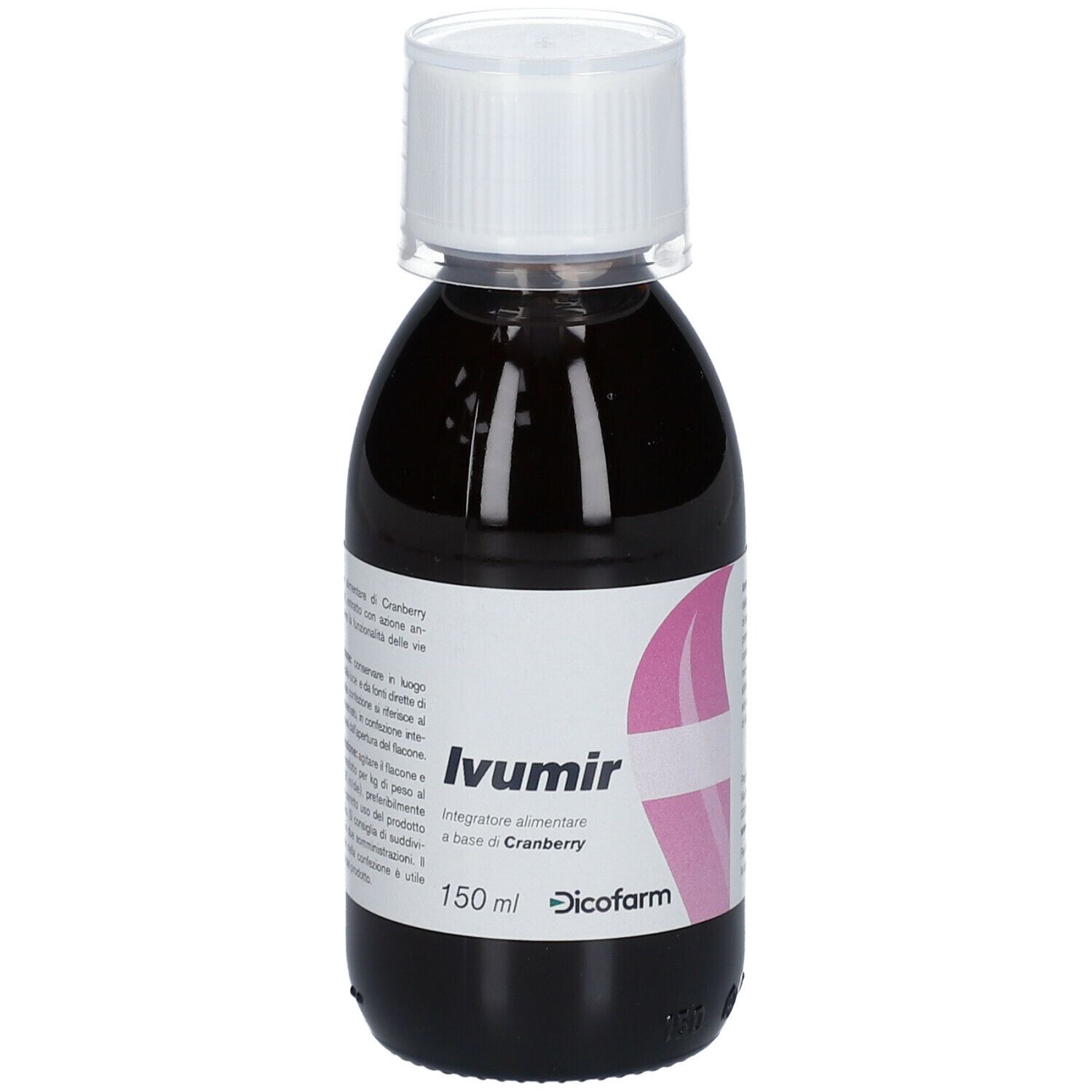 Liquido marrone scuro in bottiglia con tappo bianco. Etichetta con nome prodotto Ivumir e Dicofarm.