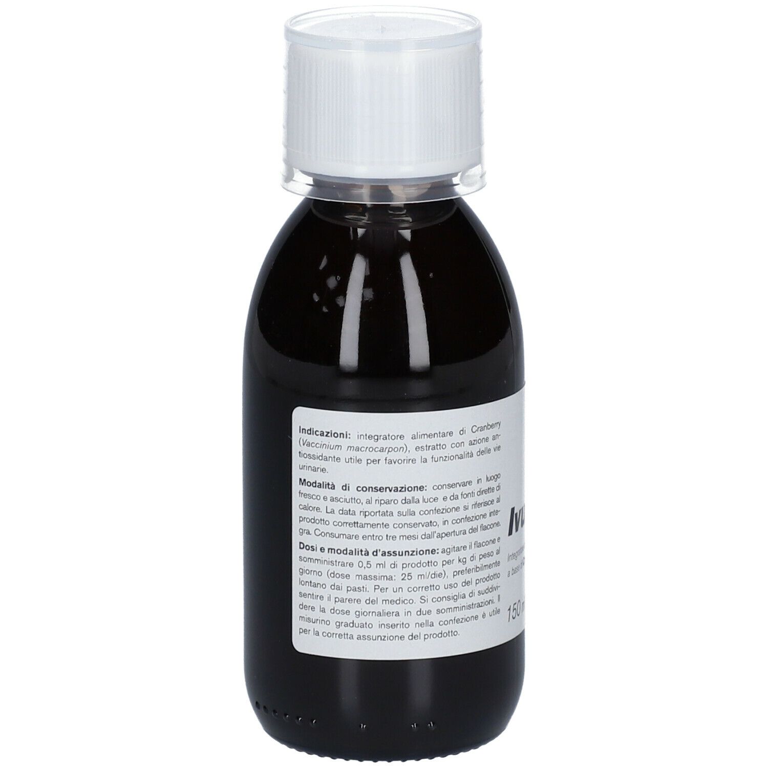 Liquido marrone scuro in bottiglia con tappo bianco. Etichetta con testo in italiano.