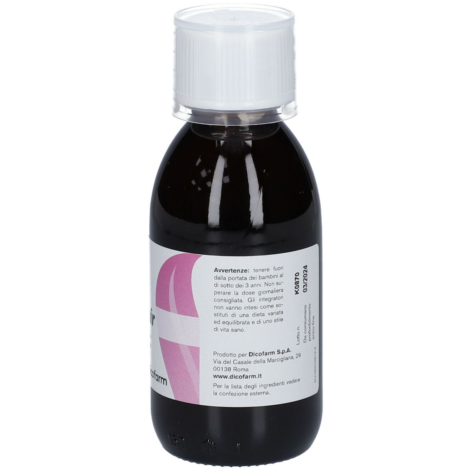 Liquido marrone scuro in bottiglia con tappo bianco. Etichetta con nome prodotto Ivumir e Dicofarm.