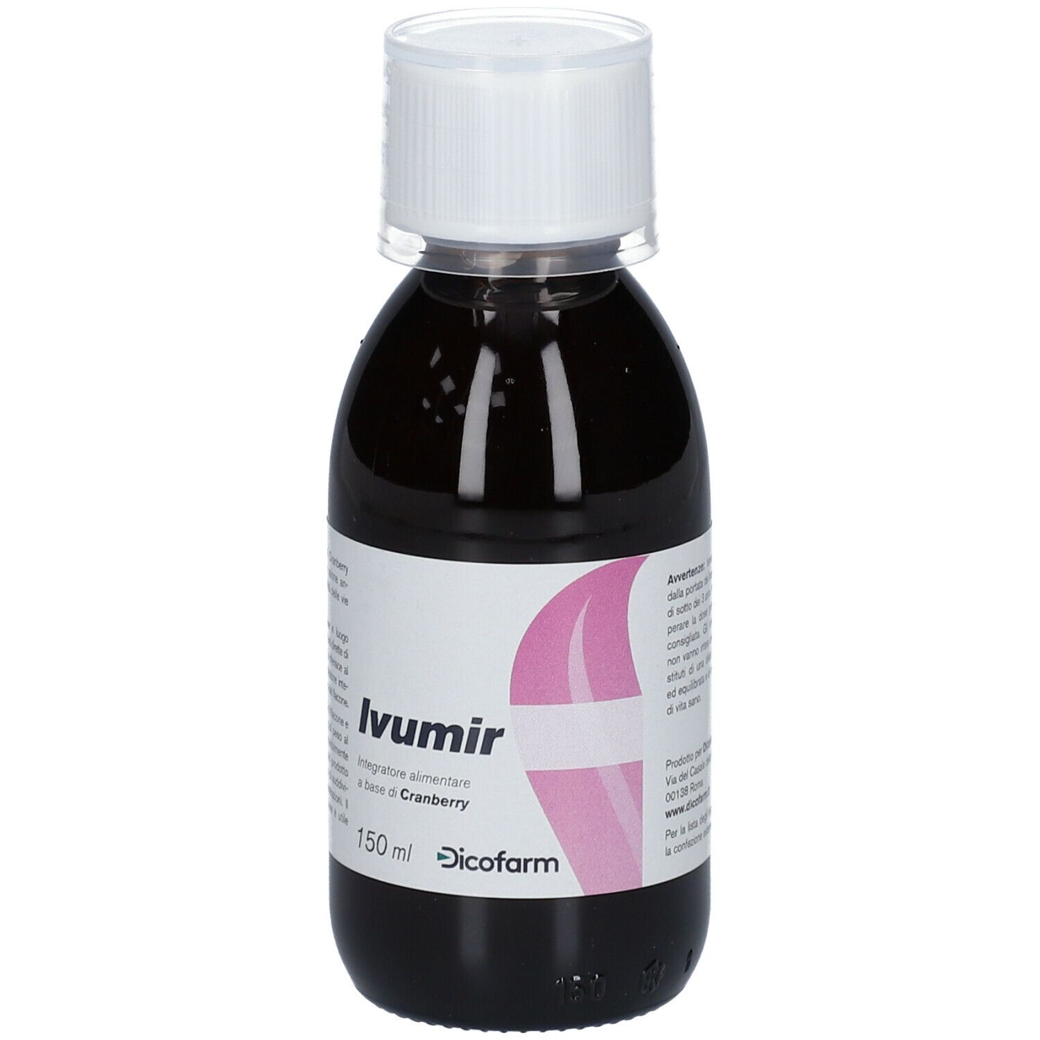 Liquido marrone scuro in bottiglia con tappo bianco. Etichetta con nome prodotto Ivumir e Dicofarm.