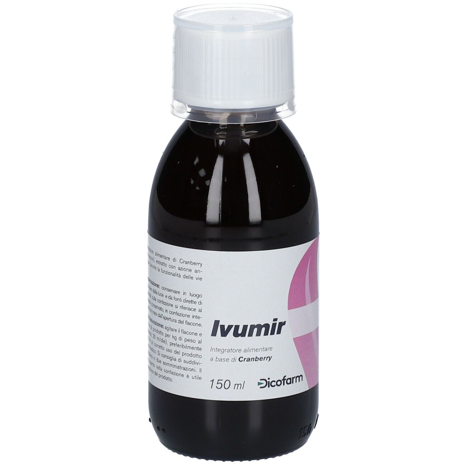 Liquido marrone scuro in bottiglia con tappo bianco. Etichetta con nome prodotto Ivumir e Dicofarm.
