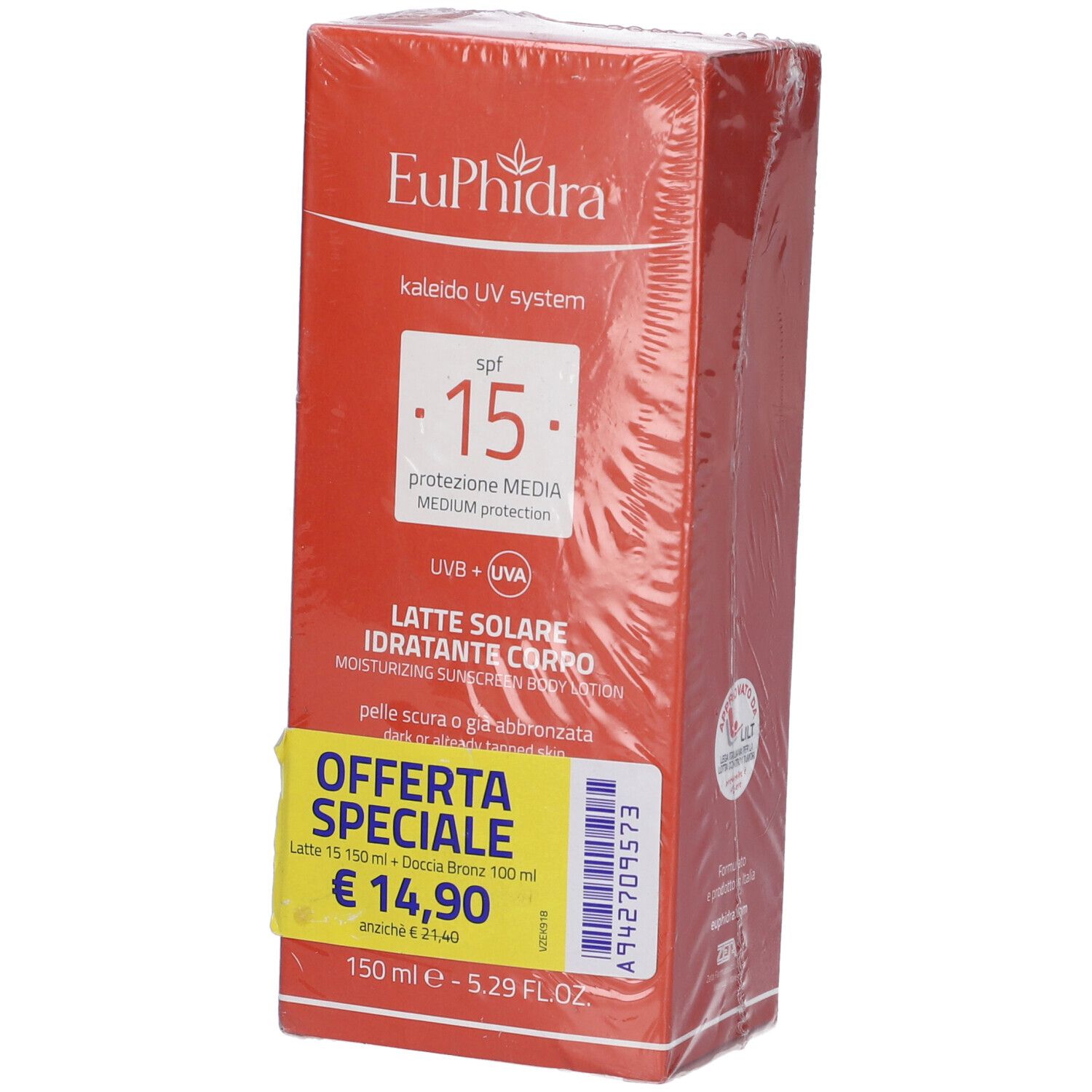 Confezione rossa Euphidra UV System. Contiene latte solare e doccia bronze. Con etichetta prezzo.