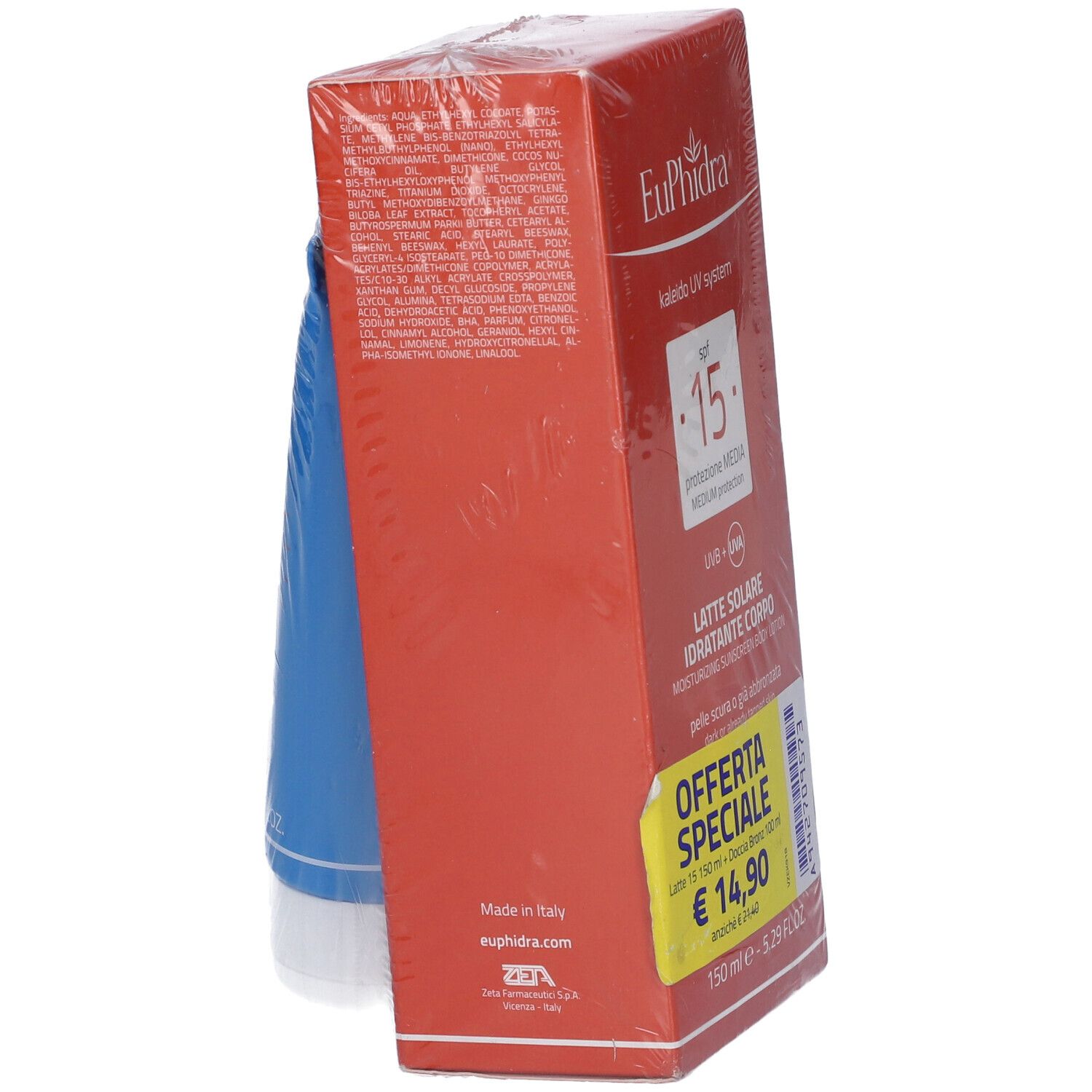 Confezione rossa Euphidra UV System. Tubo blu all'interno. Contiene latte solare e doccia bronze.