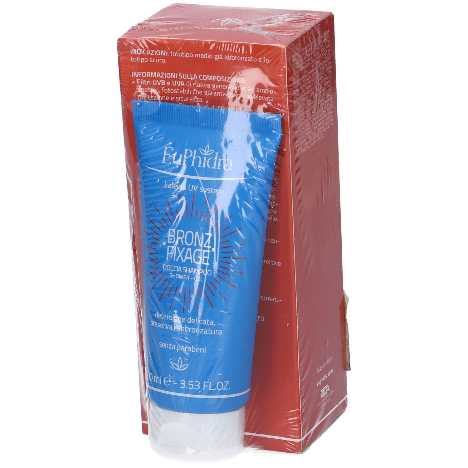 Tubo blu Euphidra. Contiene doccia bronze. Confezionato in scatola rossa. Con stampa.