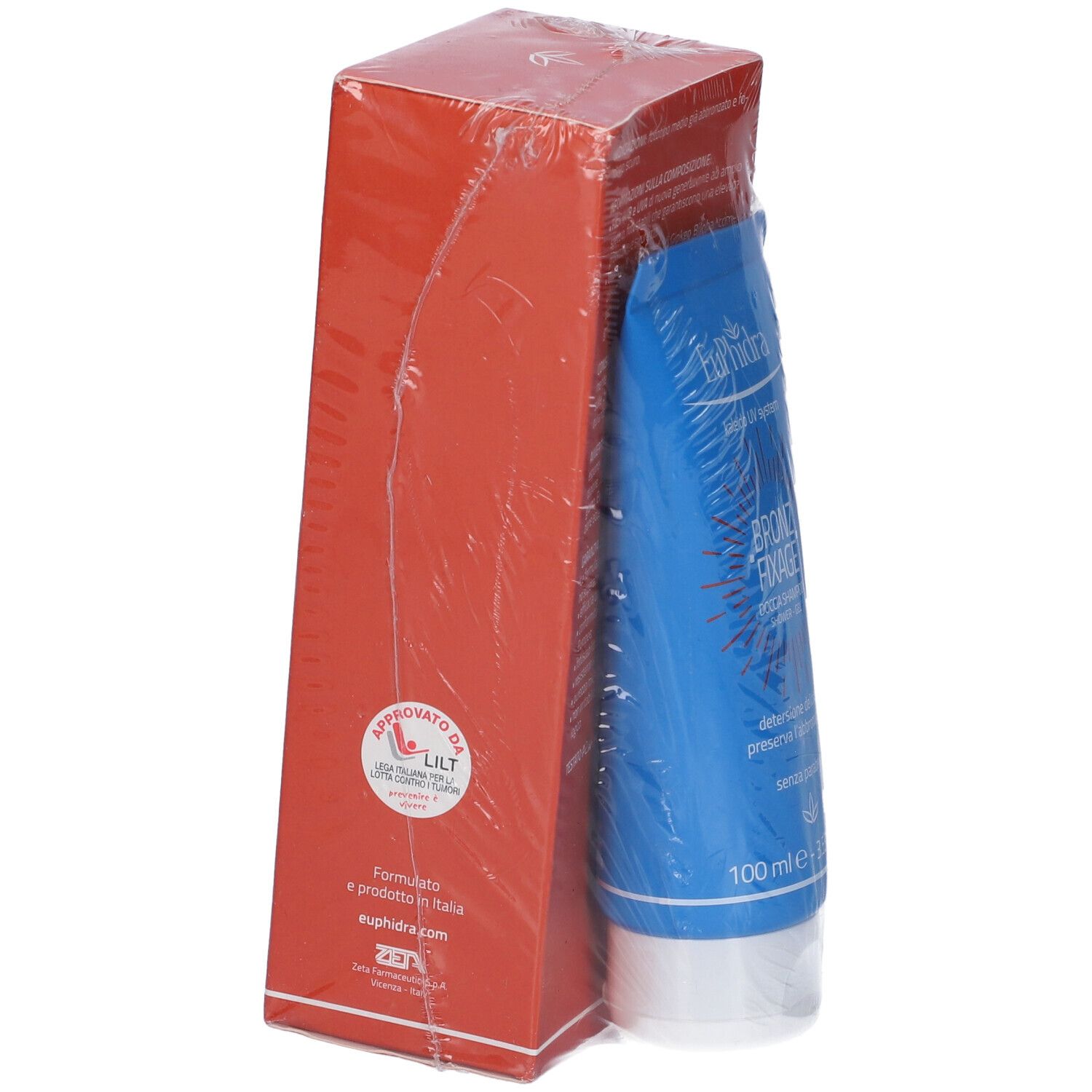 Confezione rossa Euphidra. Tubo blu all'interno. Contiene doccia bronze. Con stampa.