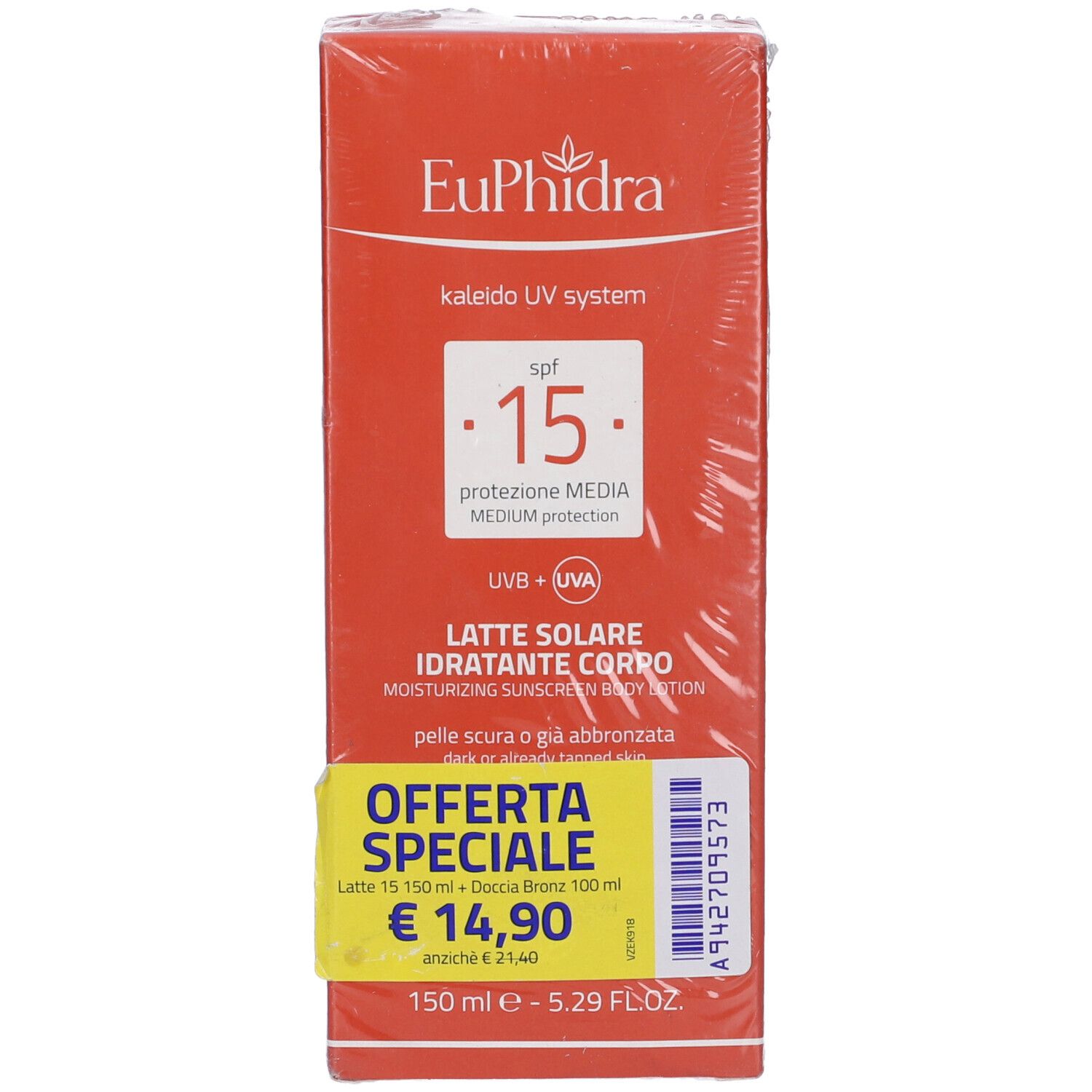 Confezione rossa Euphidra UV System. Contiene latte solare. Con etichetta prezzo.