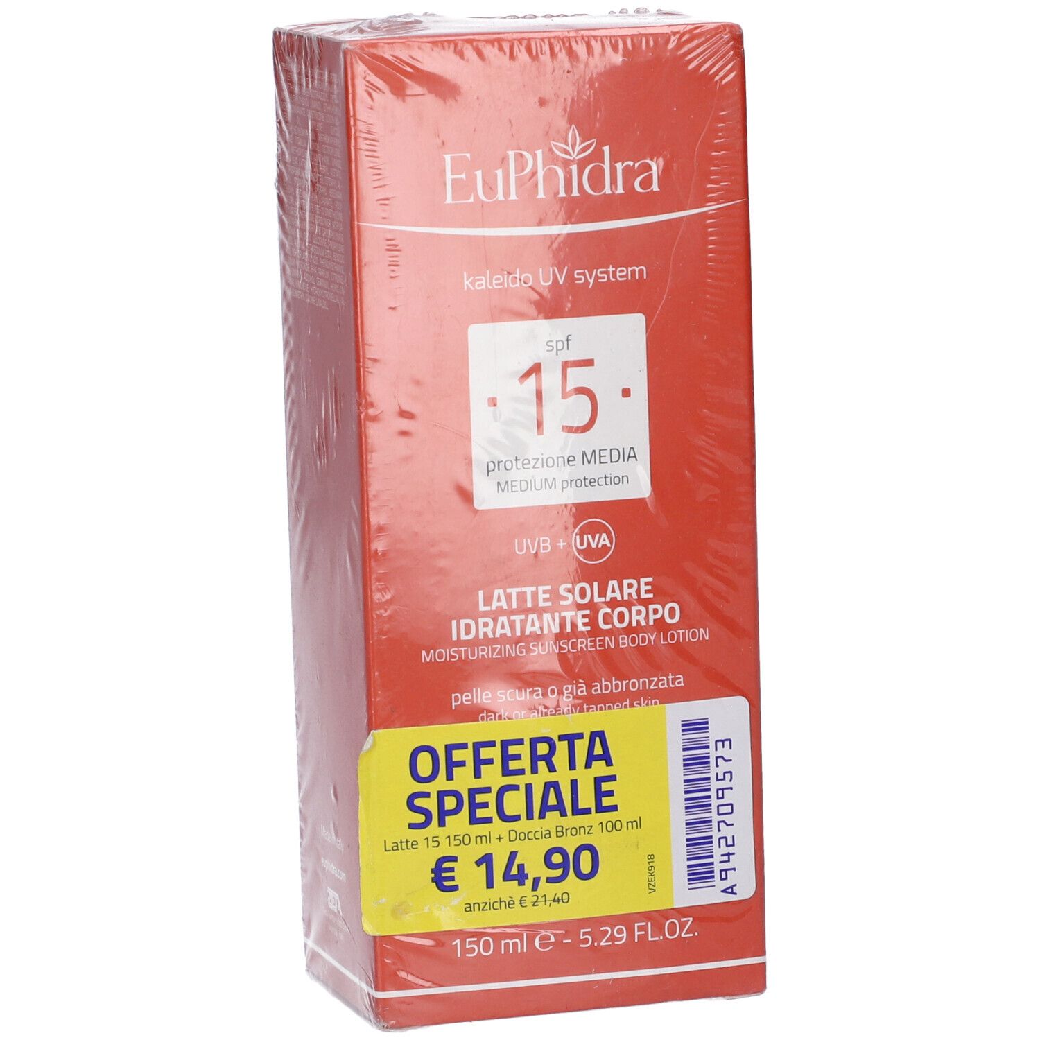 Confezione rossa Euphidra UV System. Contiene latte solare e doccia bronze. Con etichetta prezzo.