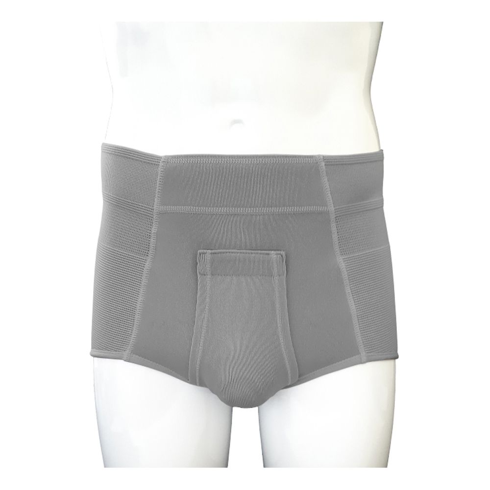 Graue Herrenunterhose mit breitem Bund und einer Tasche vorne.