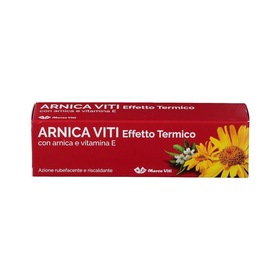 Scatola rossa con testo: ARNICA VITI Effetto Termico. Illustrazione di fiori di arnica.