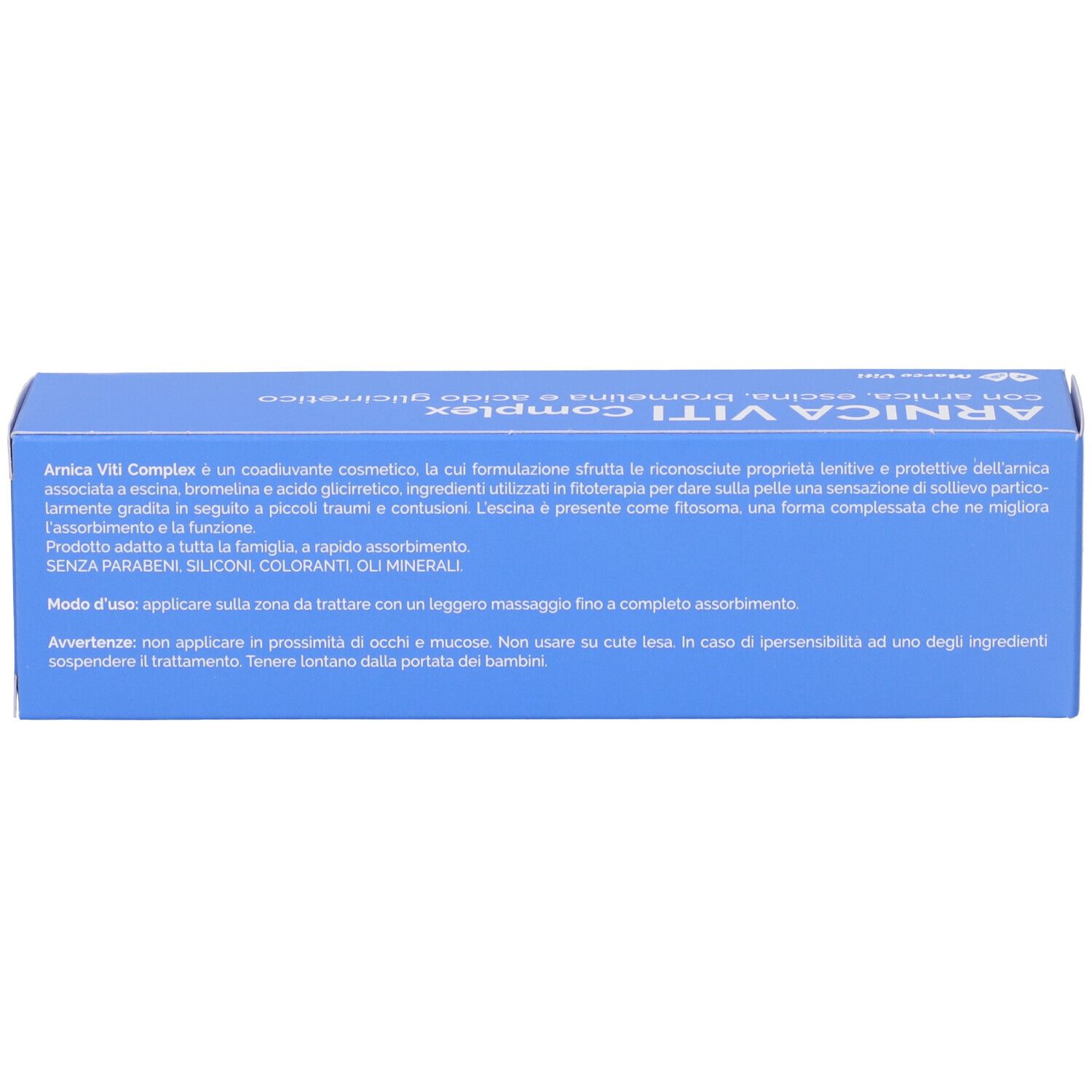 Rückseite einer blauen Schachtel. Text in italienischer Sprache. Herstellerinformationen und Inhaltsangabe.