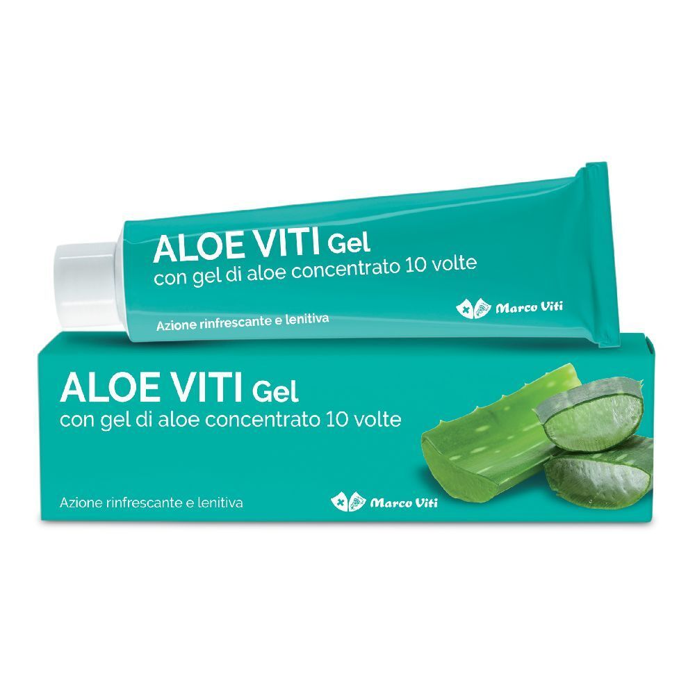 Tubo e scatola turchese con ALOE VITI Gel. Illustrazione di foglia di aloe vera. Testo in italiano.