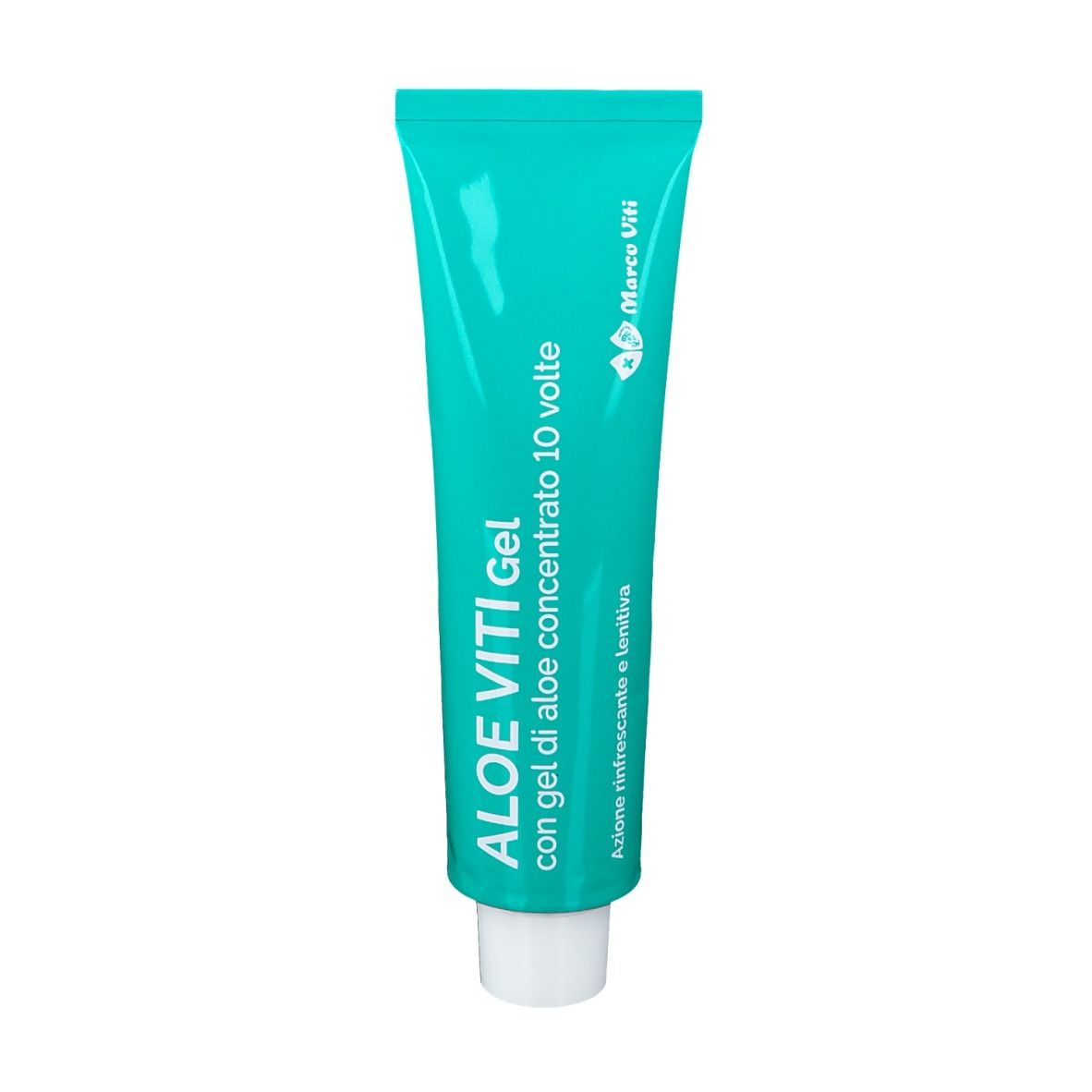 Tubo turchese con tappo bianco. Nome del prodotto ALOE VITI Gel. Testo in italiano.