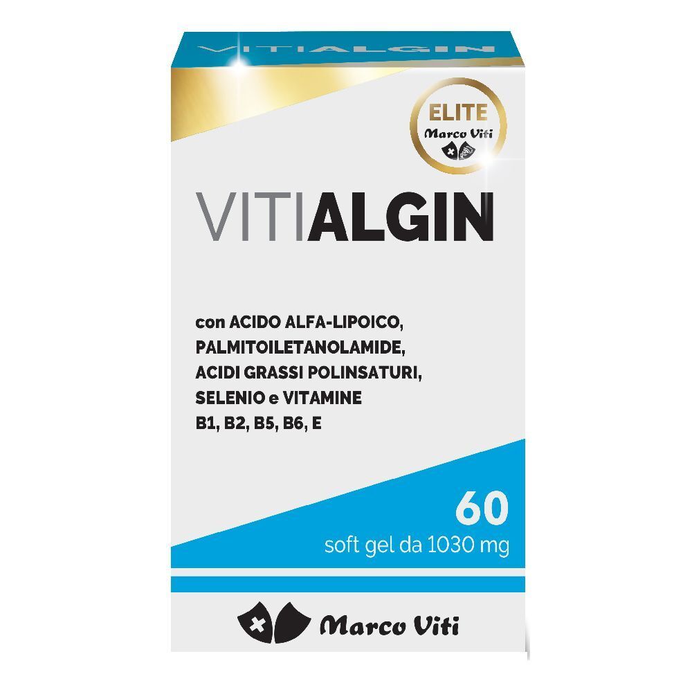 Scatola bianca e blu con nome del prodotto e ingredienti. 60 capsule. Marchio Marco Viti.