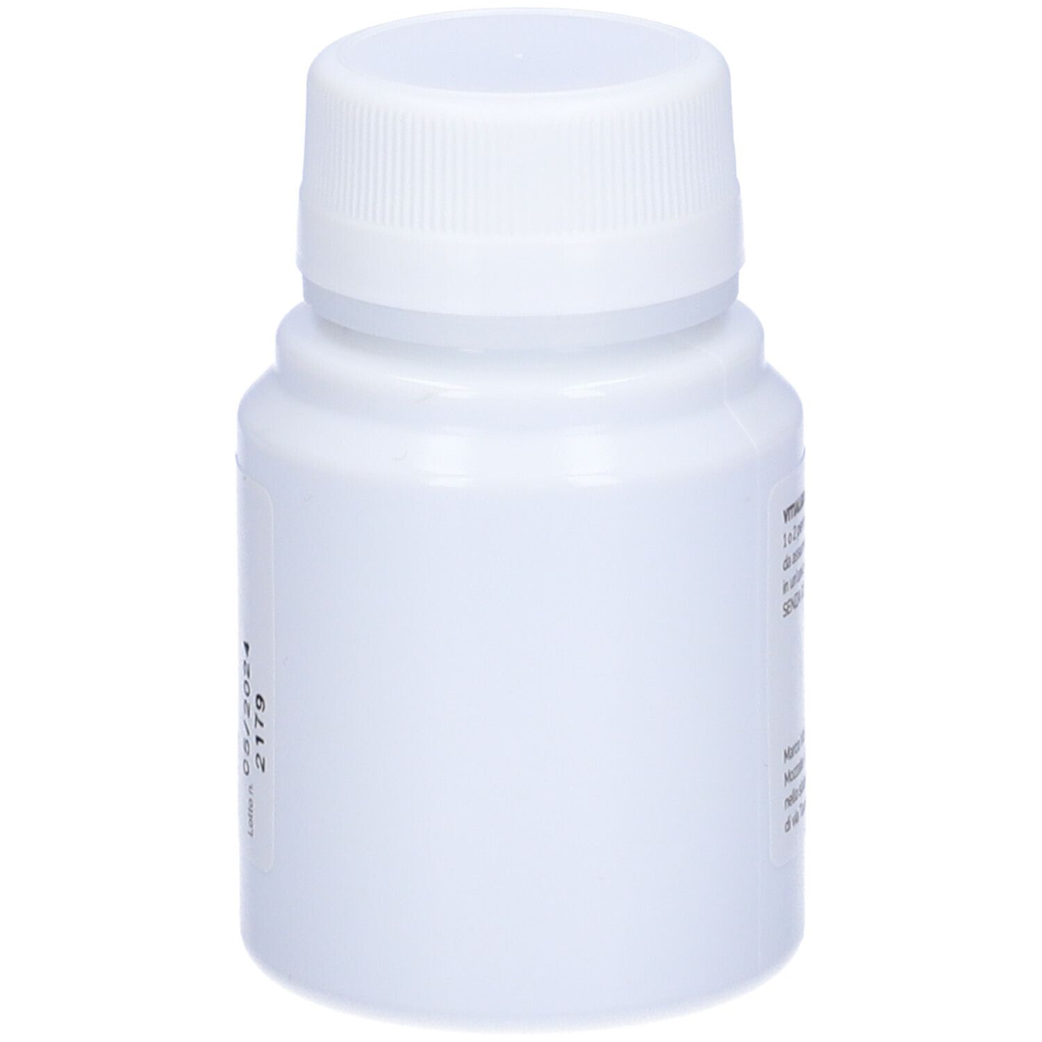 Flacone bianco con tappo a vite. Lato prodotto vuoto.