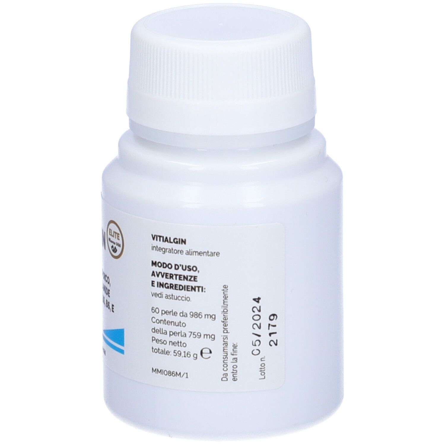 Flacone bianco con tappo a vite. Informazioni sul prodotto, ingredienti e data di scadenza.