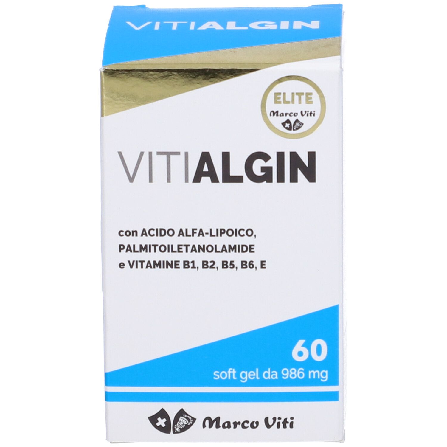 Scatola bianca e blu con nome del prodotto e ingredienti. 60 capsule. Marchio Marco Viti.