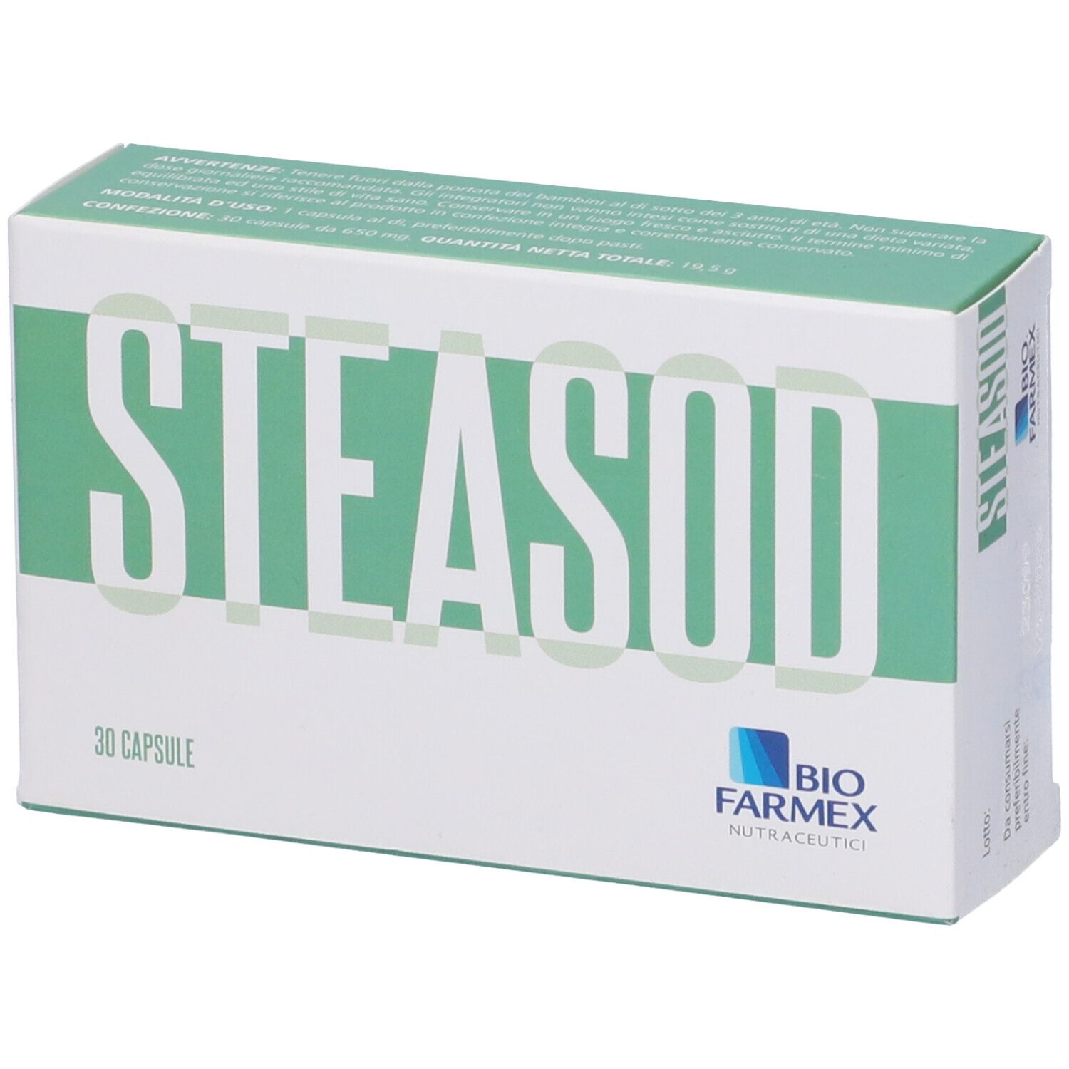 Scatola "STEASOD". 30 capsule. Marchio Biofarmex. Bianco, verde. Testo e logo.