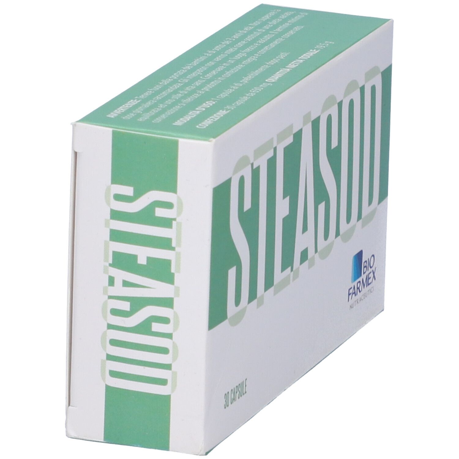 Scatola "STEASOD". 30 capsule. Marchio Biofarmex. Bianco, verde. Forma rettangolare.