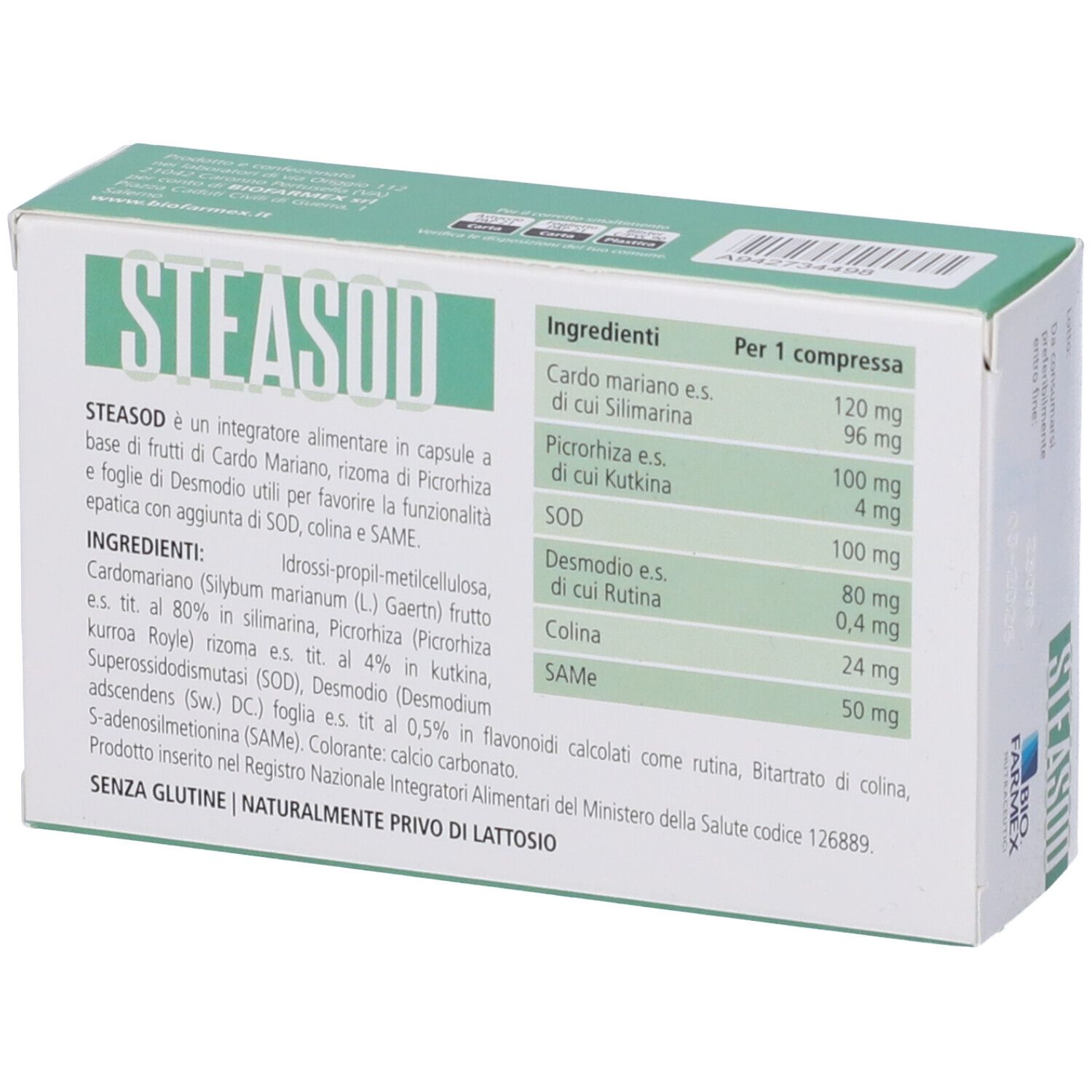 Retro della scatola "STEASOD". Elenco ingredienti e informazioni nutrizionali. Testo.