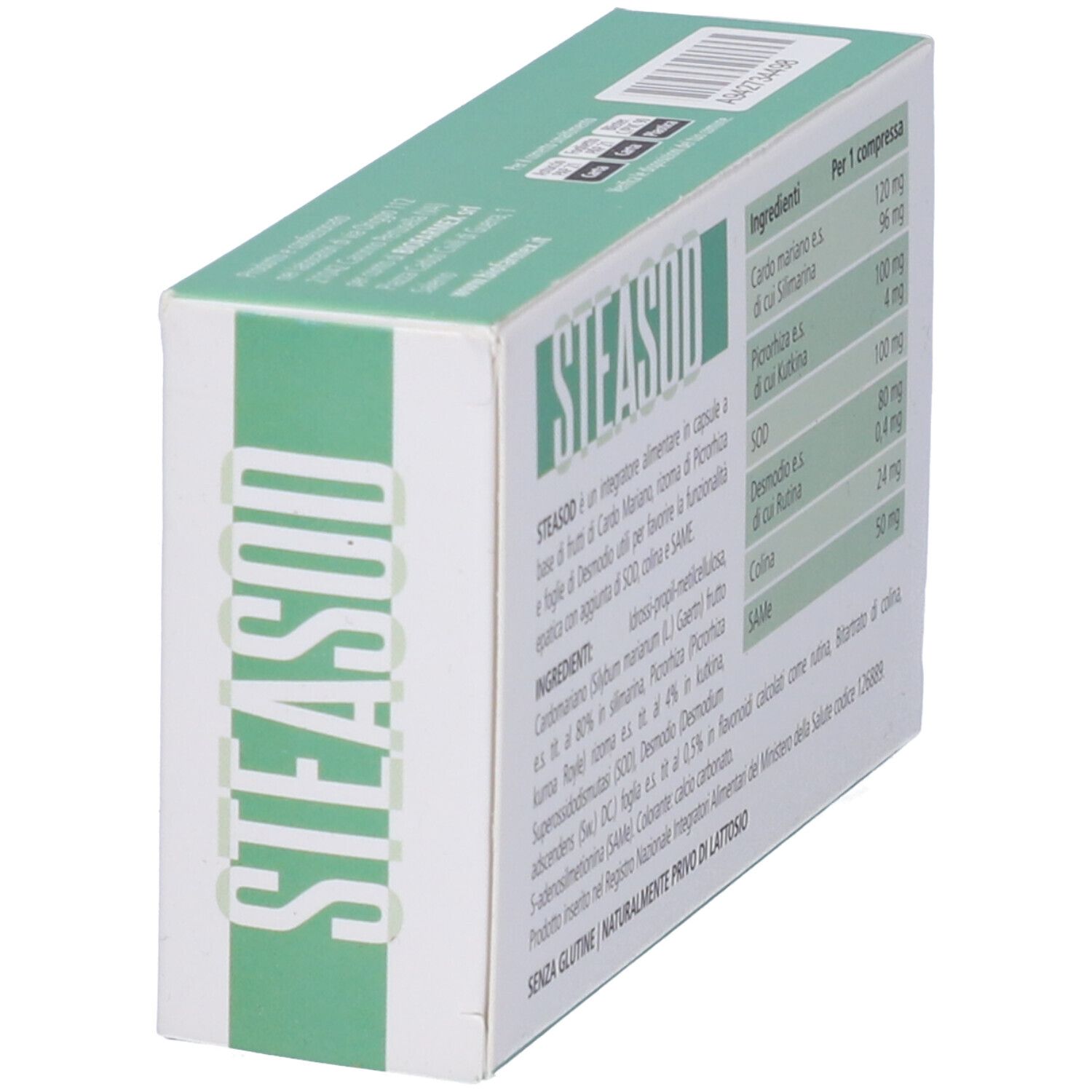 Scatola "STEASOD". Elenco ingredienti e informazioni nutrizionali. Testo. Marchio Biofarmex.