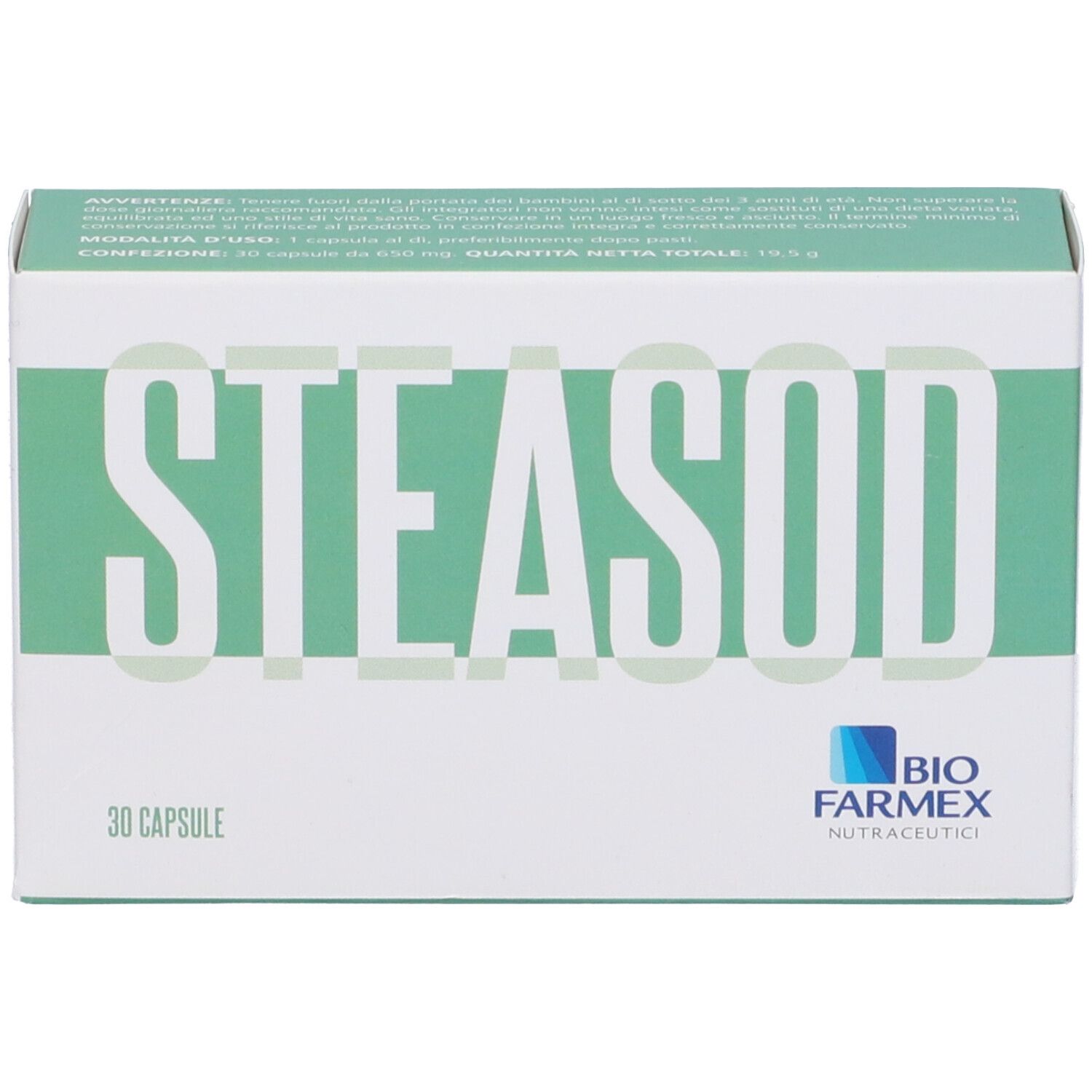 Scatola "STEASOD". 30 capsule. Marchio Biofarmex. Bianco, verde. Forma rettangolare.