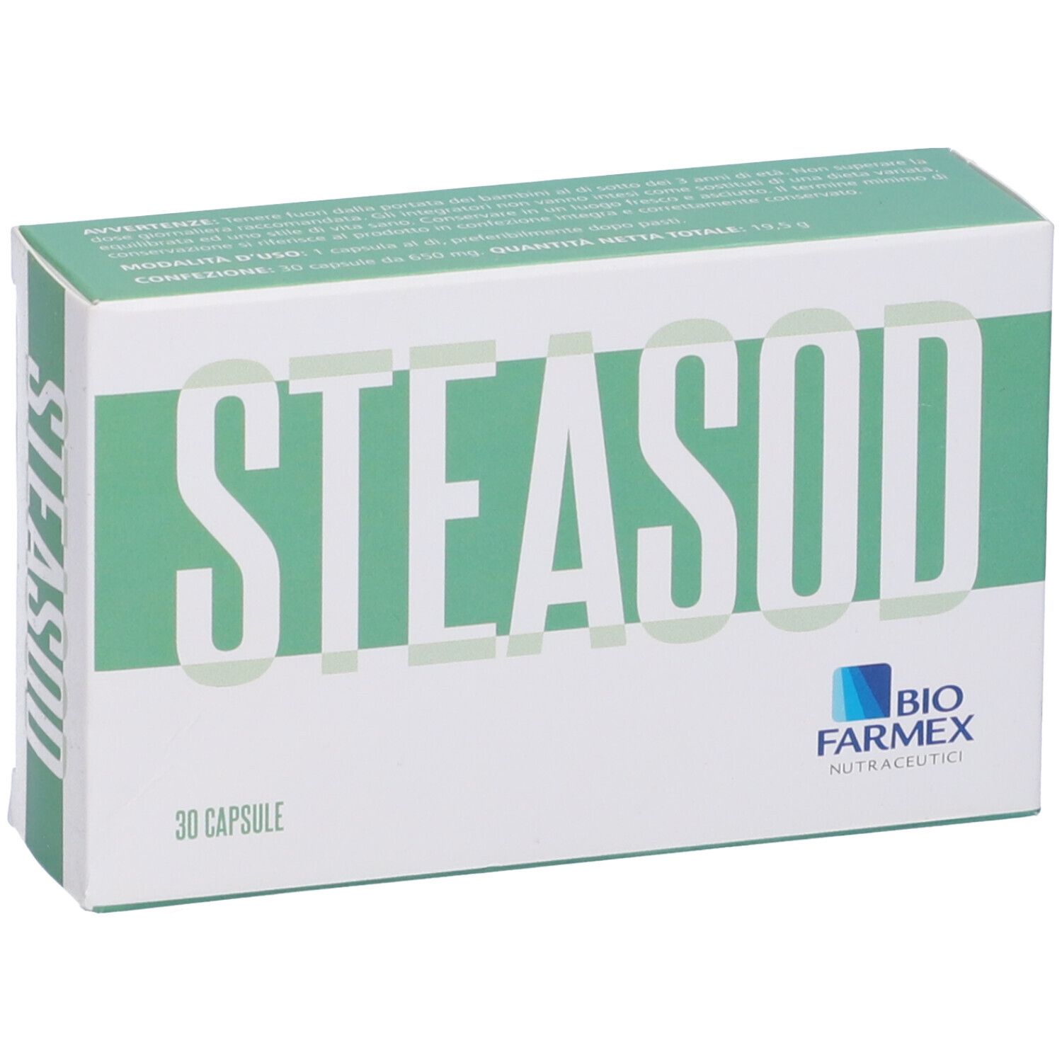 Scatola "STEASOD". 30 capsule. Marchio Biofarmex. Bianco, verde. Forma rettangolare.