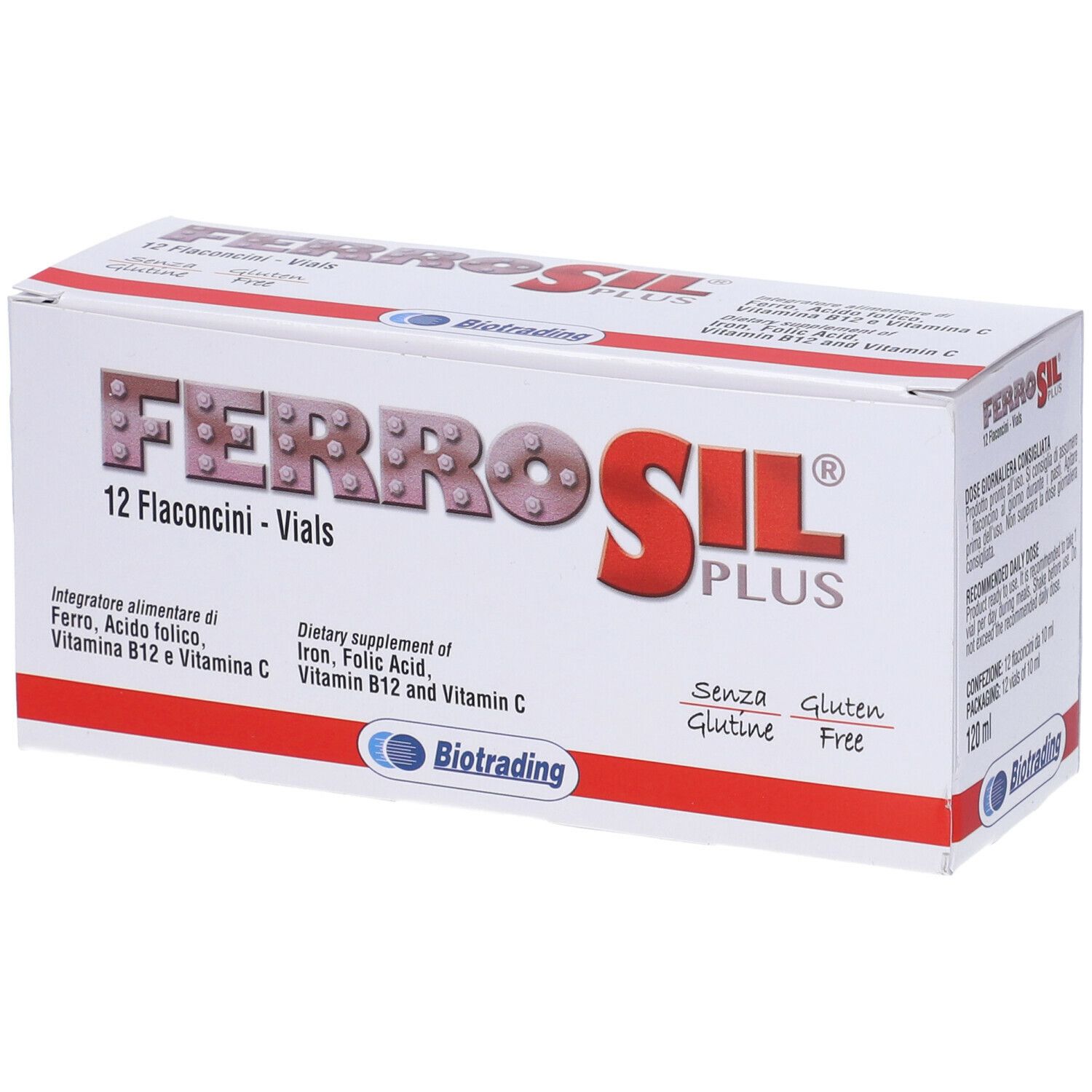 Scatola bianca con logo "Ferrosil Plus" e 12 flaconcini. Contiene ferro, acido folico, vitamine B12 e C. Senza glutine.