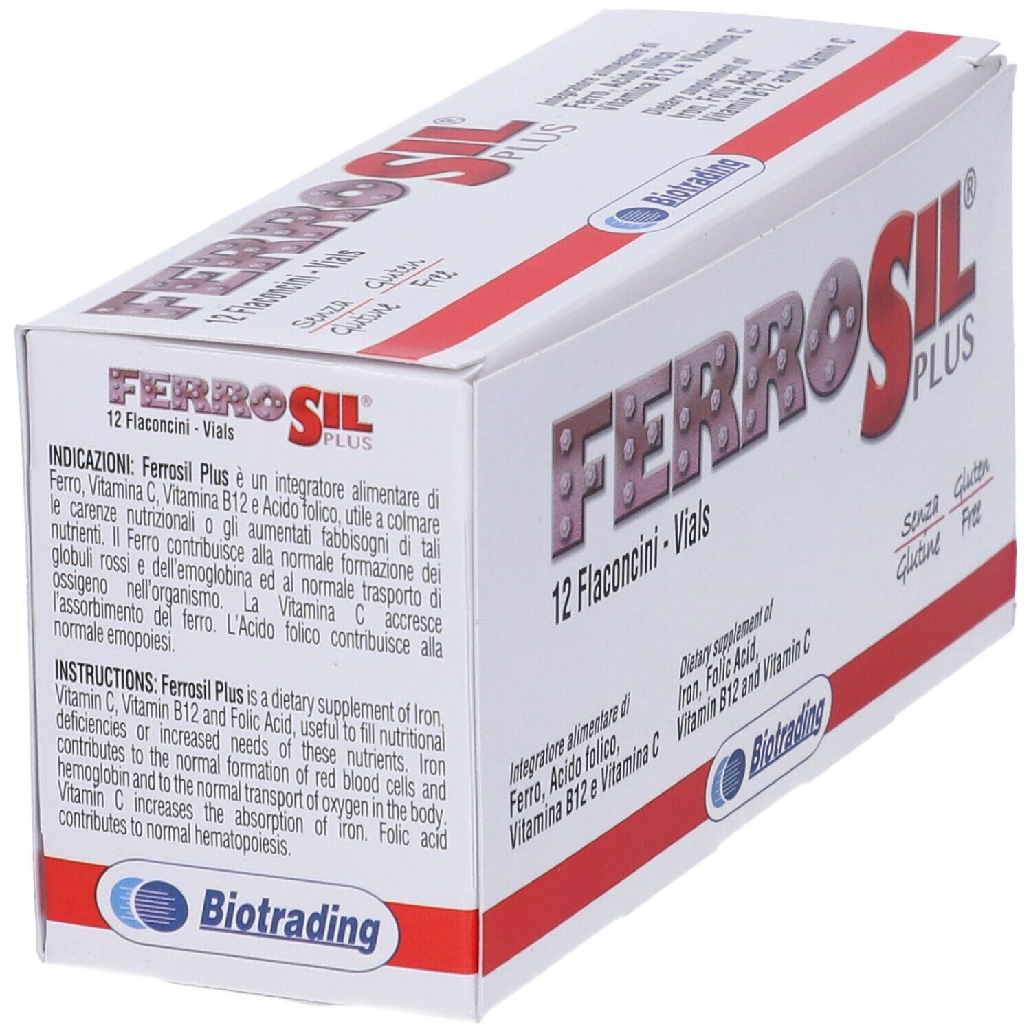 Scatola "Ferrosil Plus" con 12 flaconcini. Contiene ferro, acido folico, vitamine B12 e C. Testo in italiano e inglese.