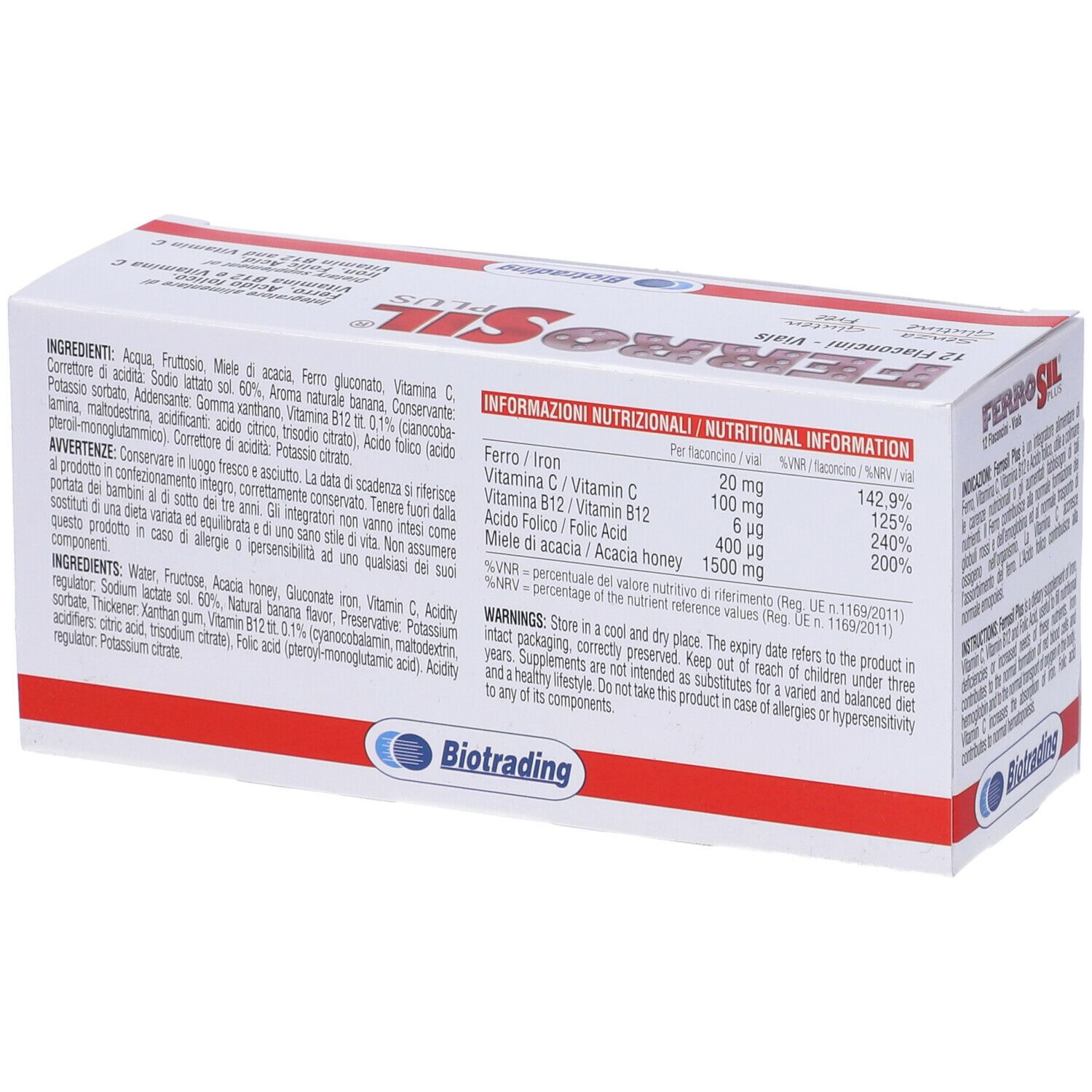 Retro della scatola "Ferrosil Plus". Contiene informazioni nutrizionali e ingredienti. Marchio Biotrading.