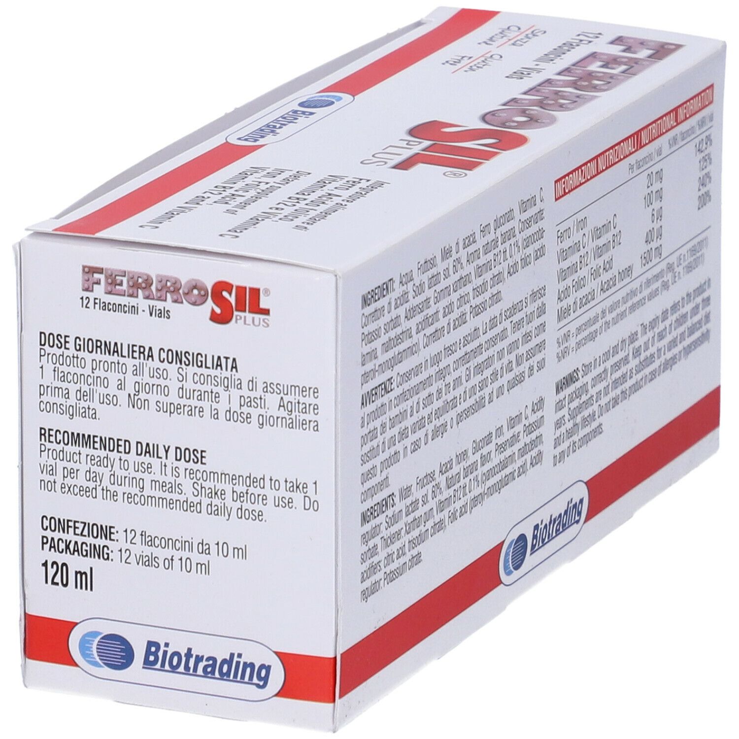 Scatola "Ferrosil Plus" con 12 flaconcini. Dose giornaliera raccomandata e istruzioni. Marchio Biotrading.