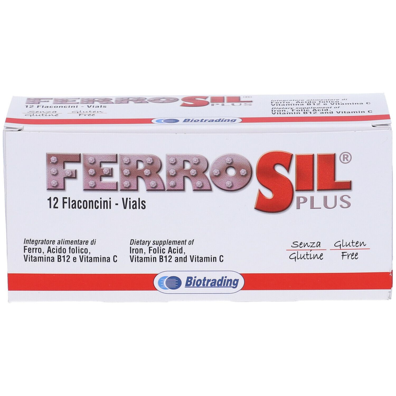 Scatola bianca "Ferrosil Plus" con 12 flaconcini. Contiene ferro, acido folico, vitamine B12 e C. Senza glutine.