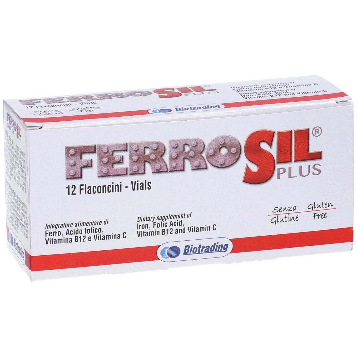 Scatola "Ferrosil Plus" con 12 flaconcini. Contiene ferro, acido folico, vitamine B12 e C. Senza glutine.