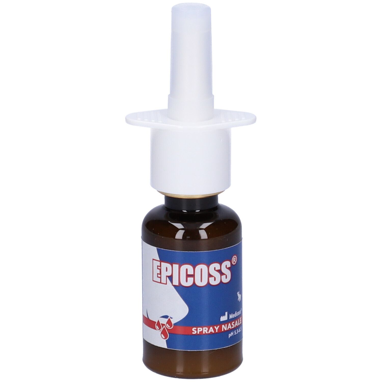 Flacone marrone con erogatore bianco. Scritta: EPICOSS, Spray Nasale. pH 5.5-6.5.
