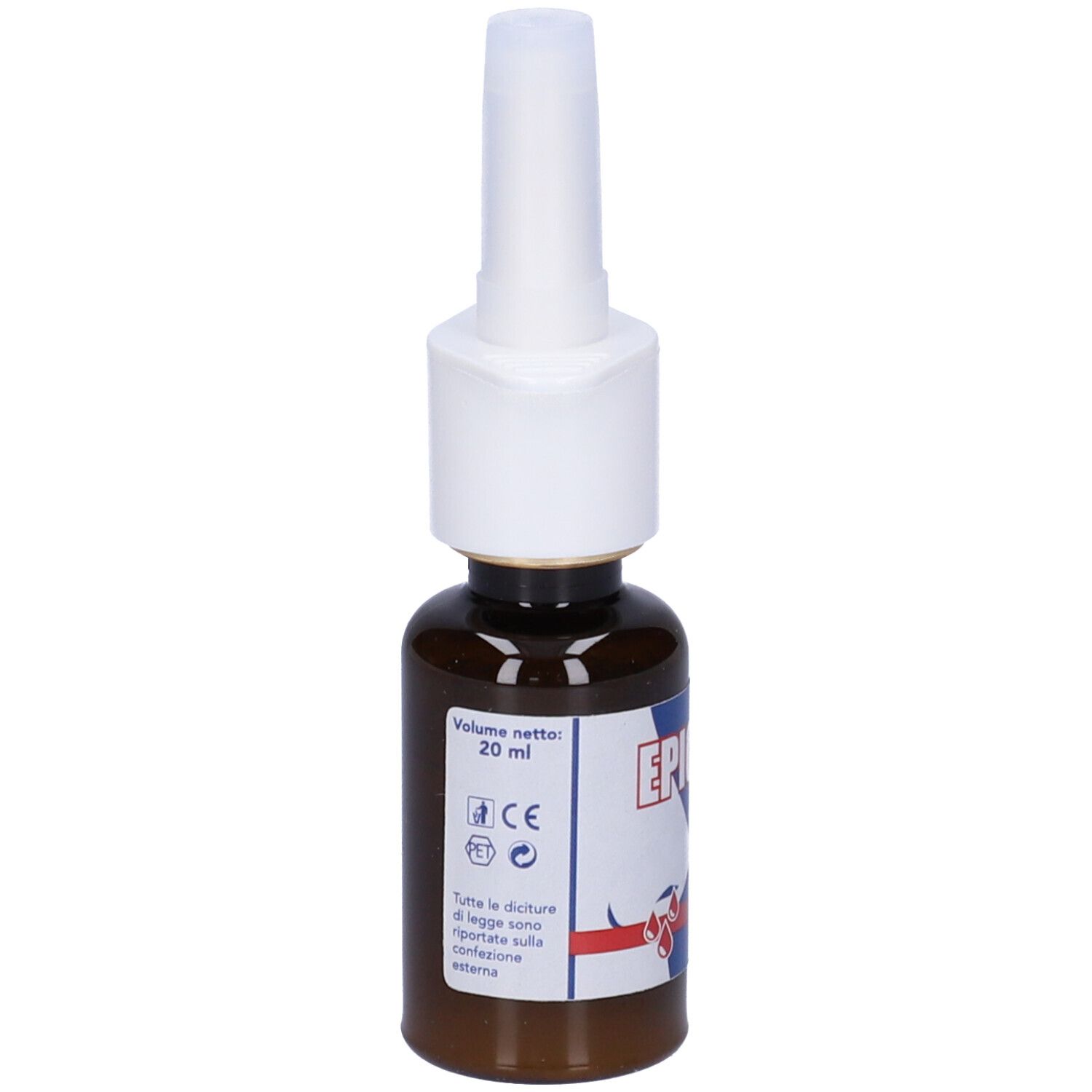 Flacone marrone con erogatore bianco. Scritta: EPICOSS, Spray Nasale. Volume netto 20 ml.