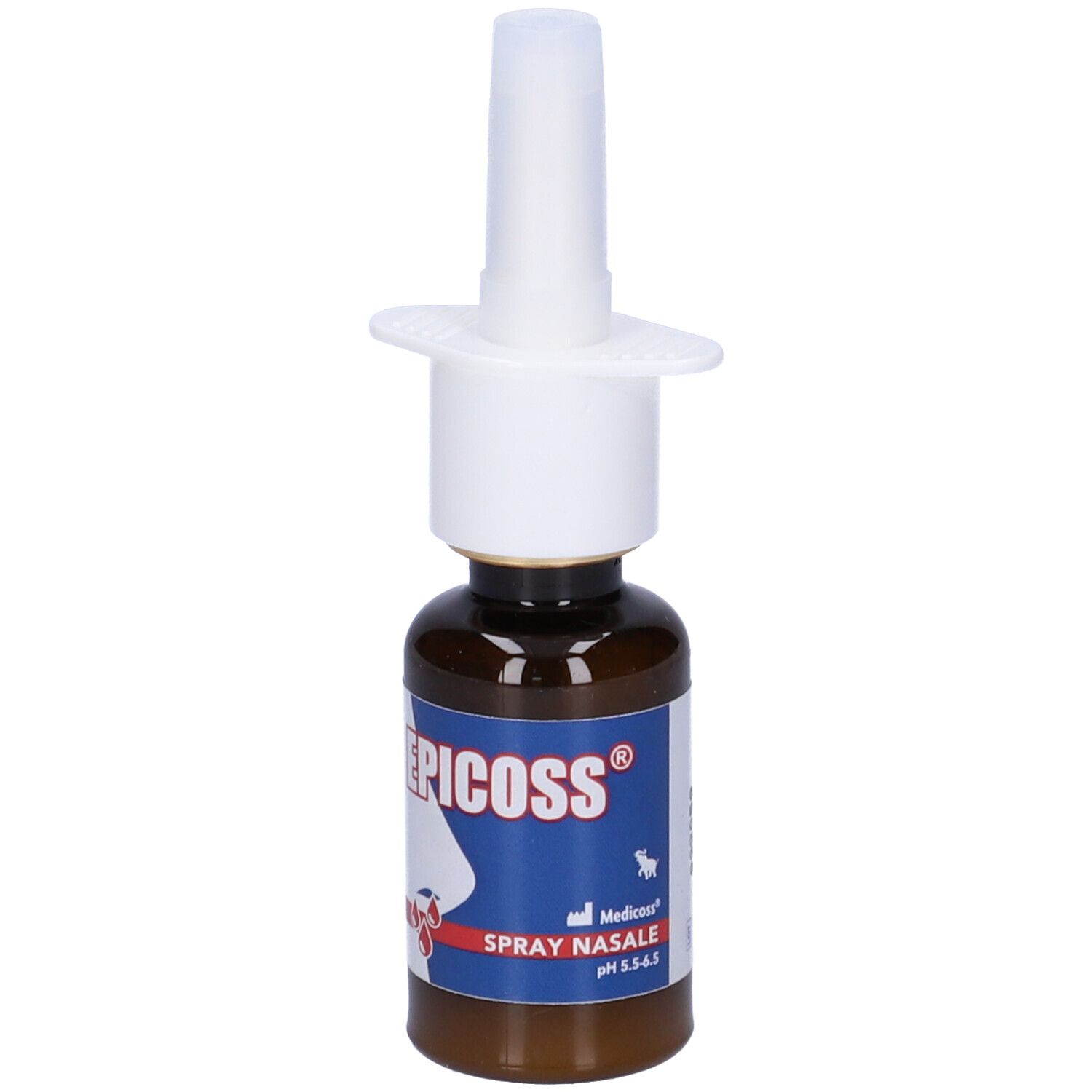 Flacone marrone con erogatore bianco. Scritta: EPICOSS, Spray Nasale. pH 5.5-6.5.