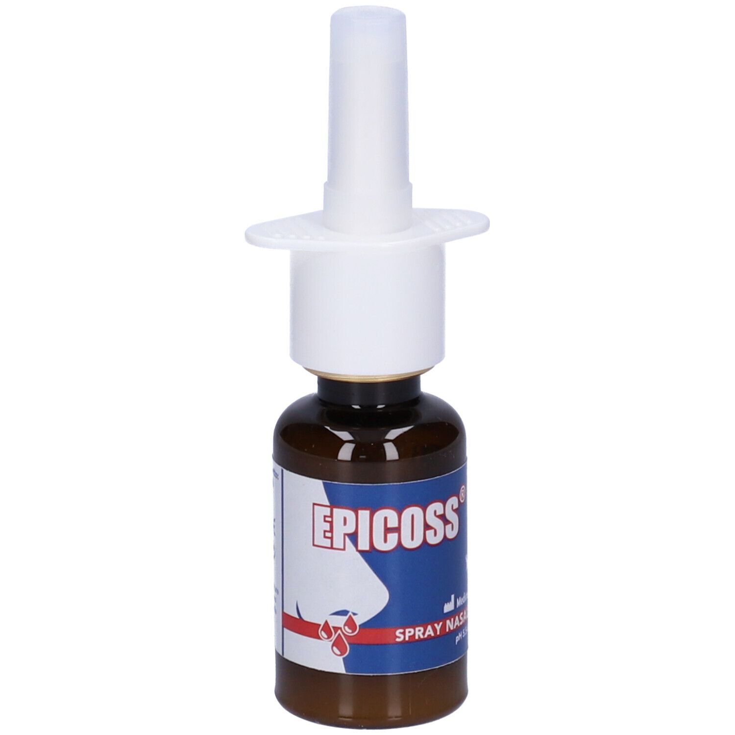 Flacone marrone con erogatore bianco. Scritta: EPICOSS, Spray Nasale. pH 5.5-6.5.
