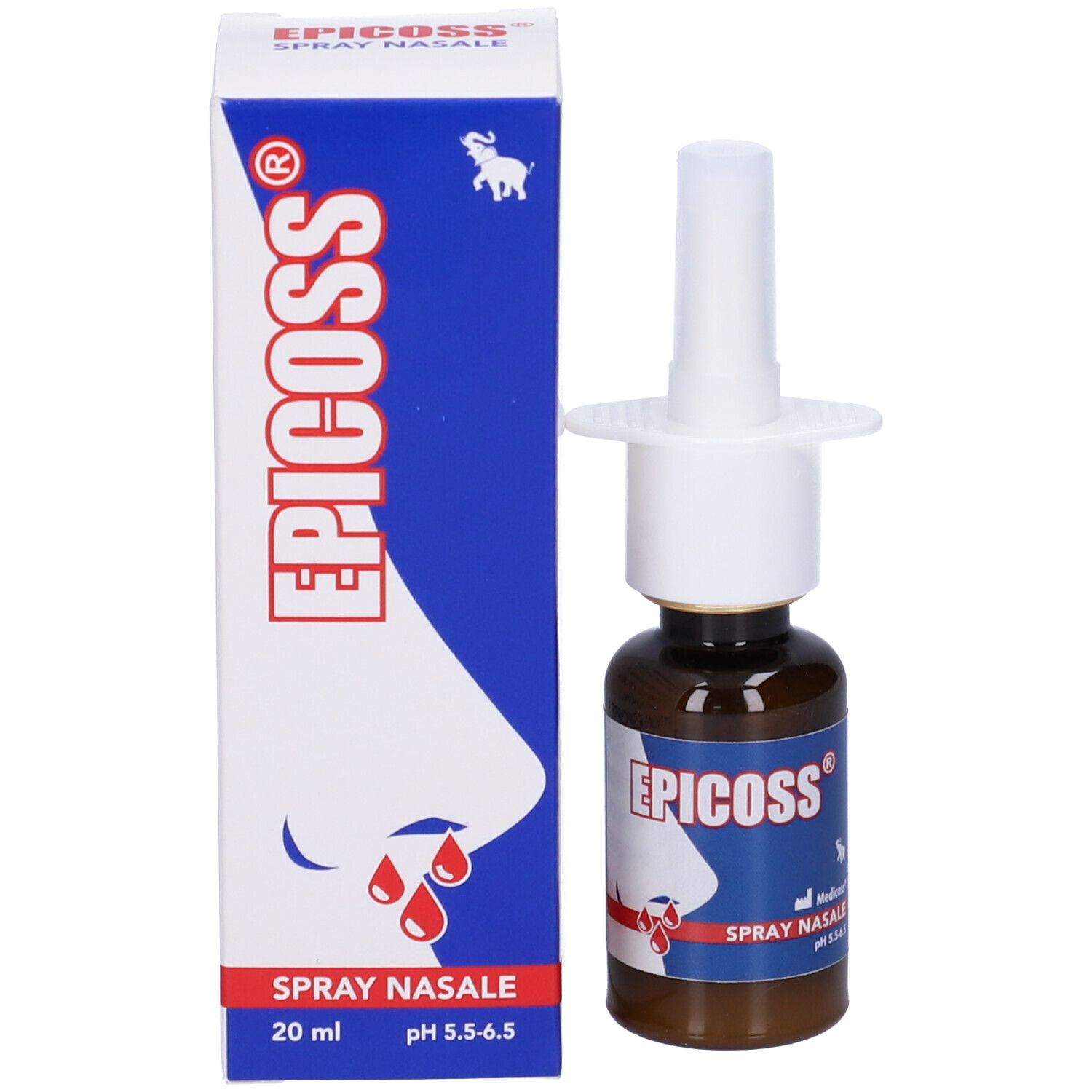 Flacone marrone e scatola. Scritta: EPICOSS, Spray Nasale. pH 5.5-6.5. Con erogatore.