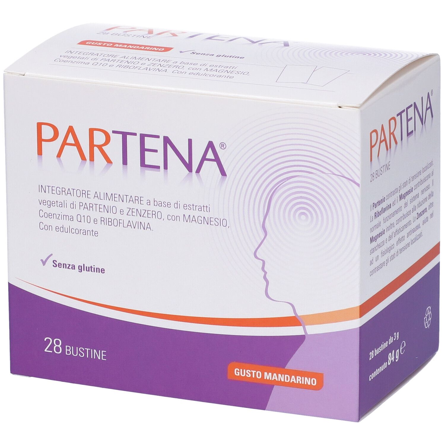 Scatola Partena con 28 bustine. Scritto: Integratore alimentare. Gusto: Mandarino. Senza glutine.