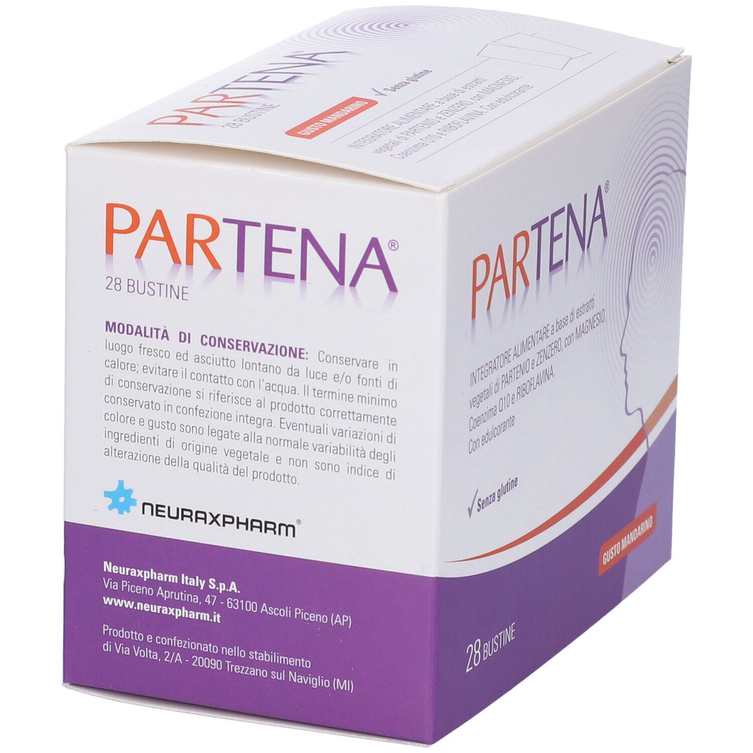 Scatola Partena con 28 bustine. Scritto: Integratore alimentare. Gusto: Mandarino. Senza glutine.