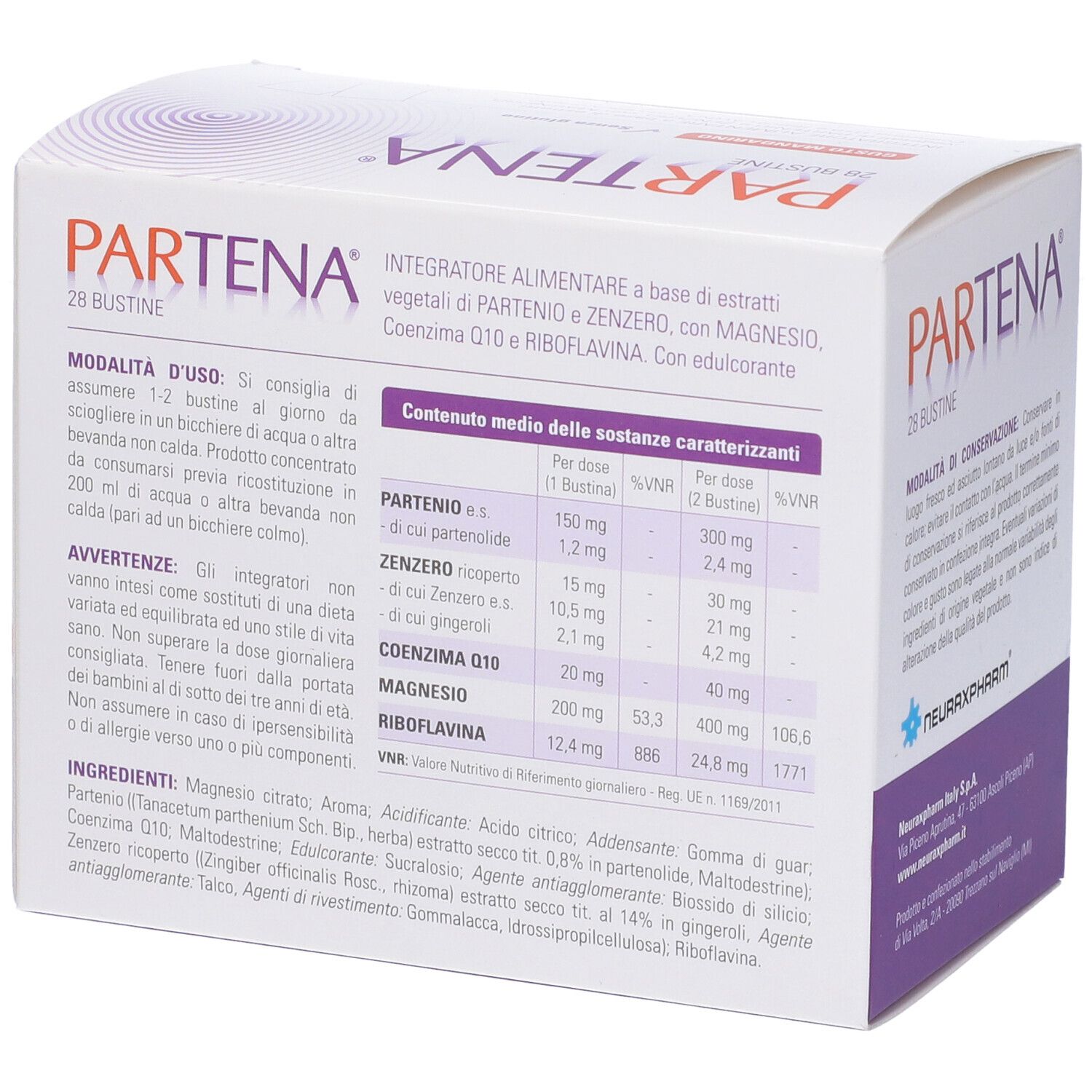 Scatola Partena con 28 bustine. Scritto: Integratore alimentare. Gusto: Mandarino. Senza glutine.