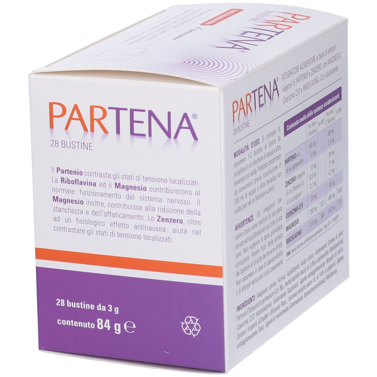 Scatola Partena con 28 bustine. Scritto: Integratore alimentare. Gusto: Mandarino. Senza glutine.
