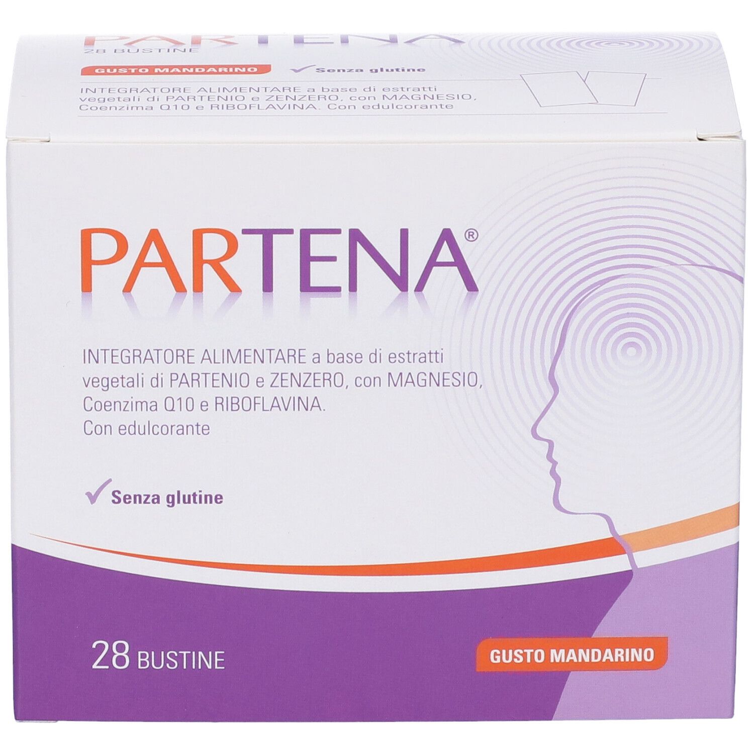 Scatola Partena con 28 bustine. Scritto: Integratore alimentare. Gusto: Mandarino. Senza glutine.