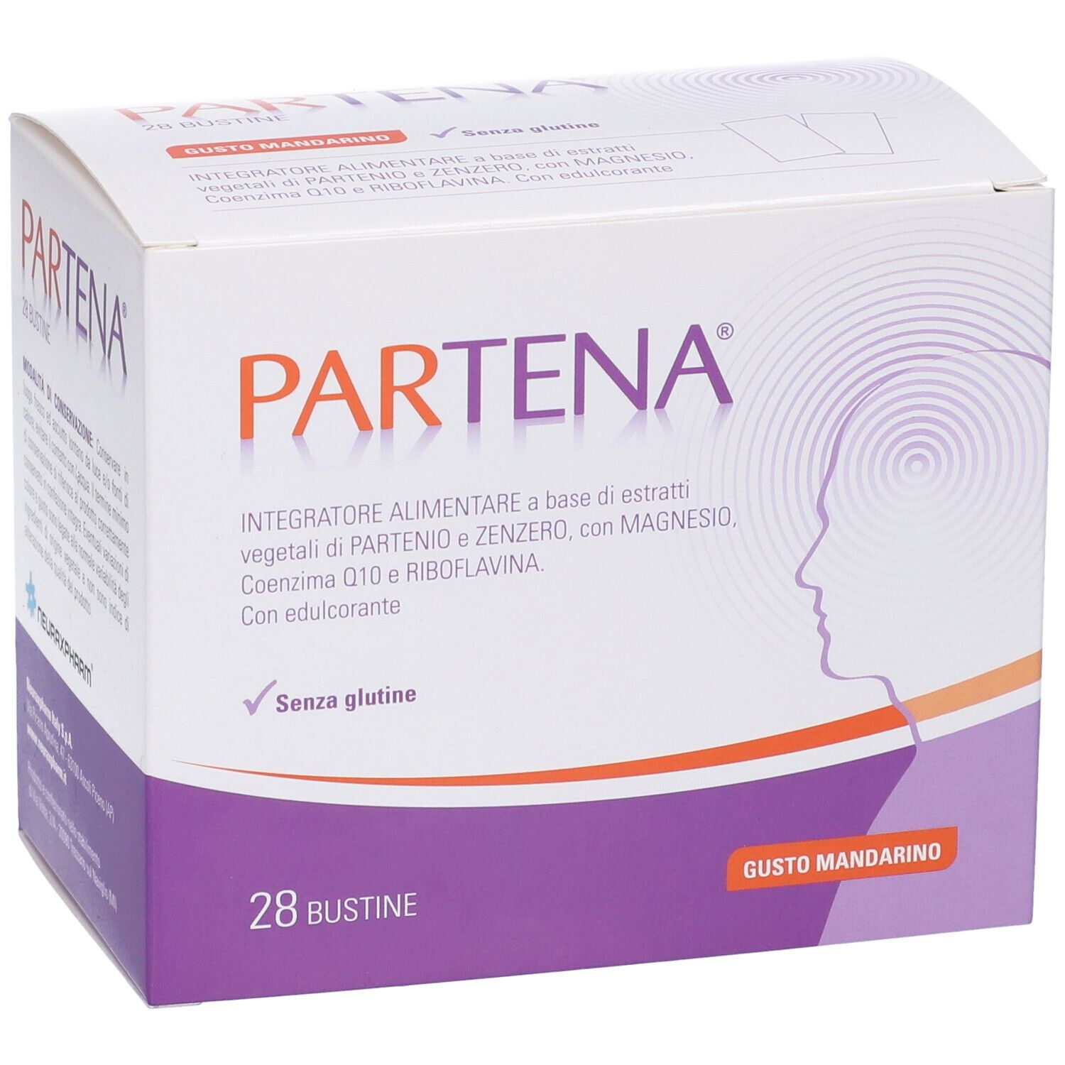 Scatola Partena con 28 bustine. Scritto: Integratore alimentare. Gusto: Mandarino. Senza glutine.