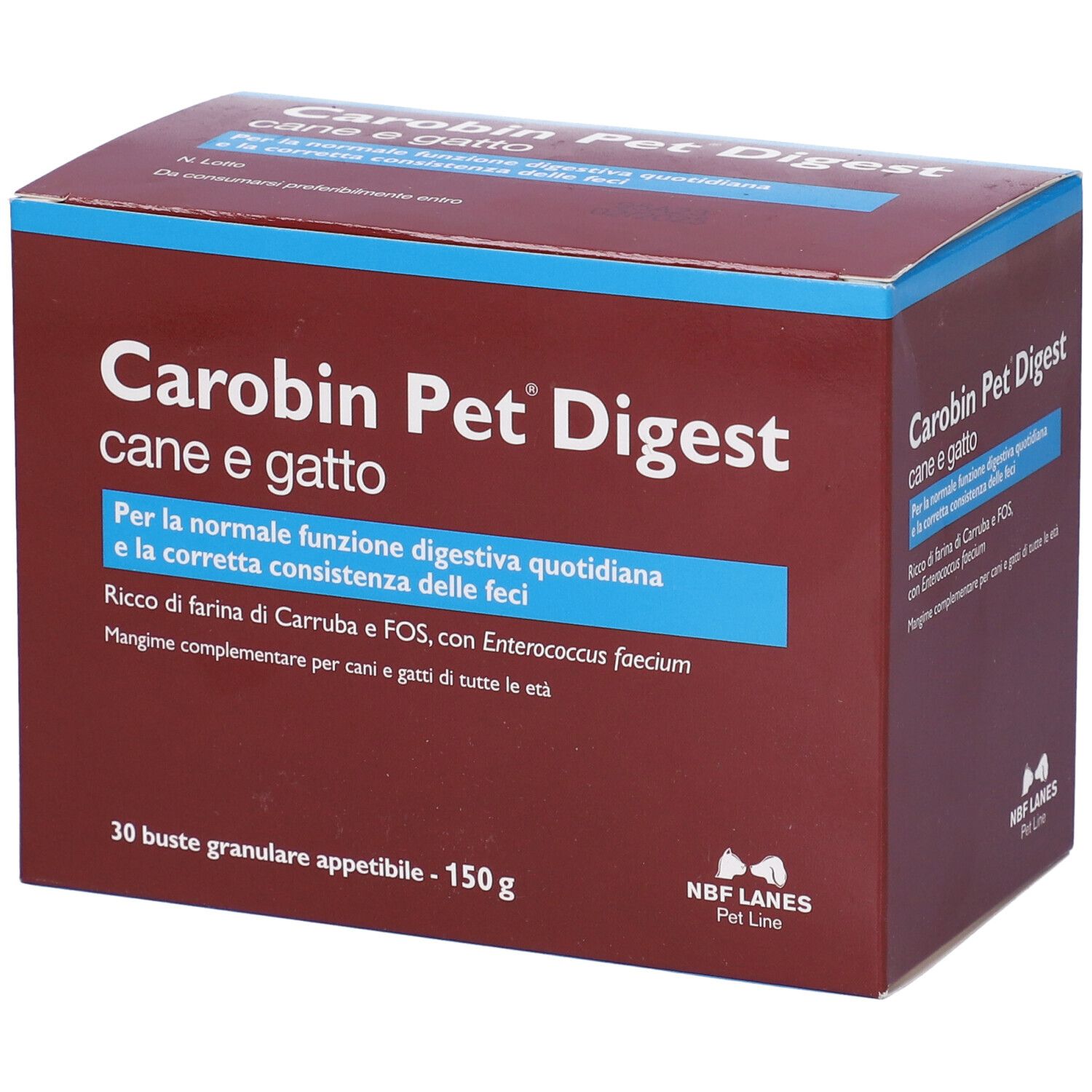 Scatola marrone Carobin Pet Digest, « cane e gatto ». 30 bustine di granulato. Logo NBF Lanes Pet Line.
