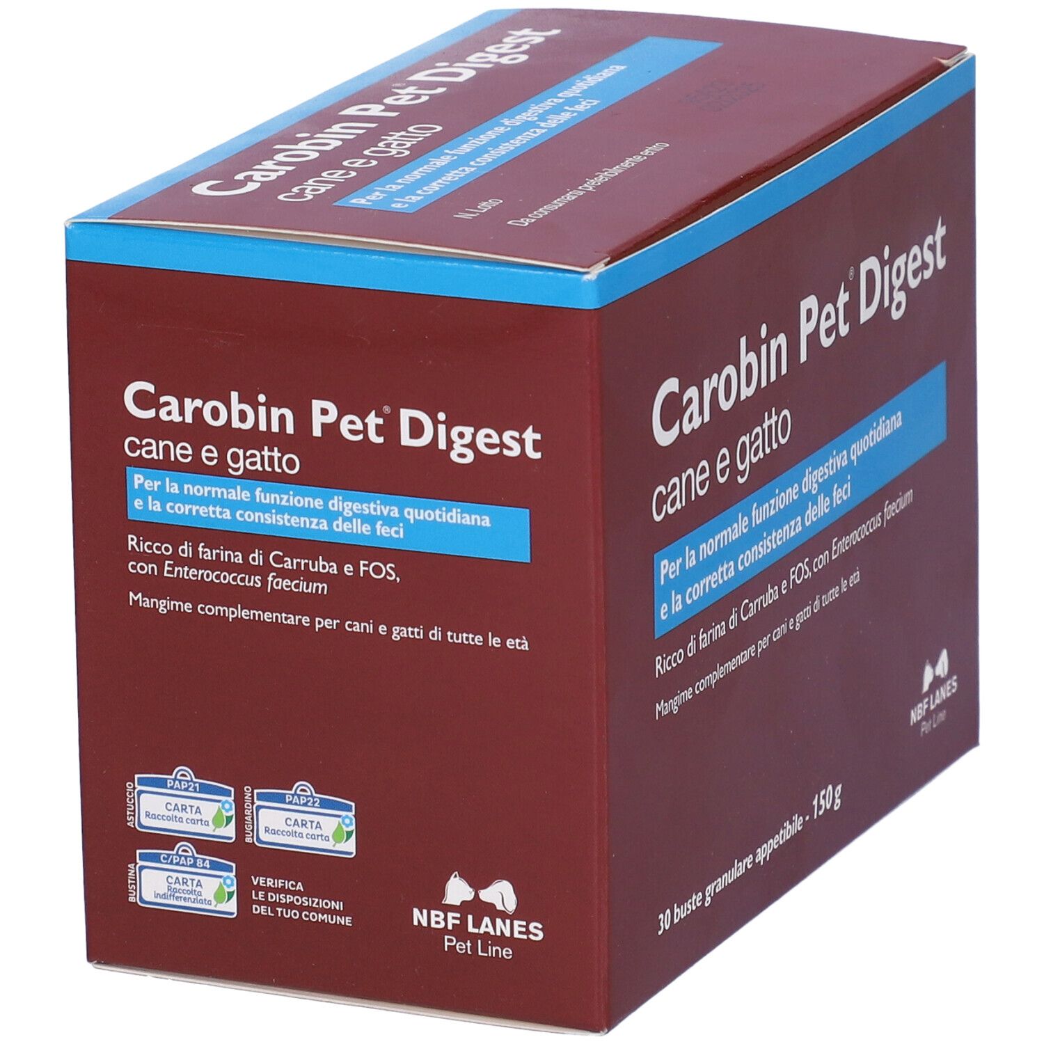 Scatola marrone Carobin Pet Digest, « cane e gatto ». 30 bustine di granulato. Logo NBF Lanes Pet Line. Vista obliqua.