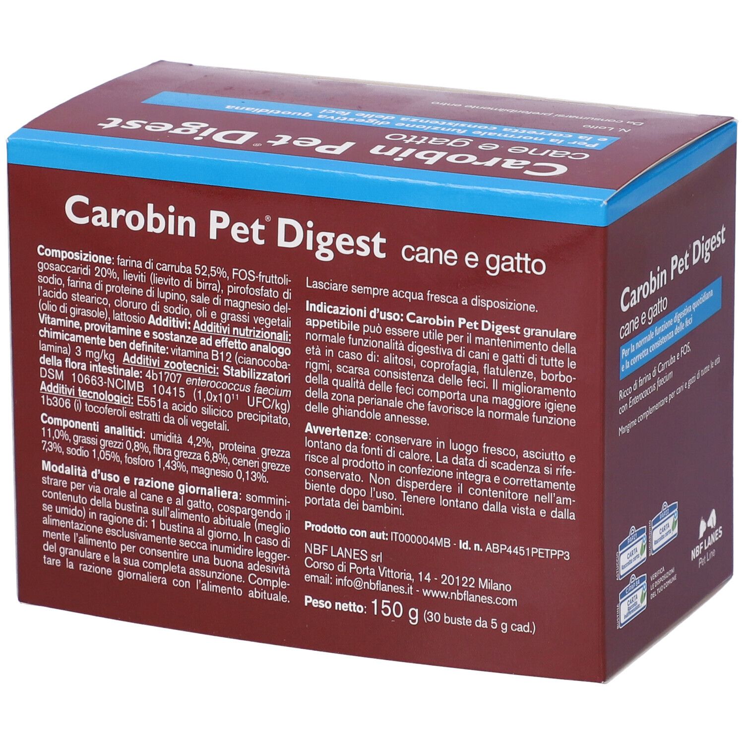Scatola marrone Carobin Pet Digest, « cane e gatto ». Testo e ingredienti. Logo NBF Lanes Pet Line.