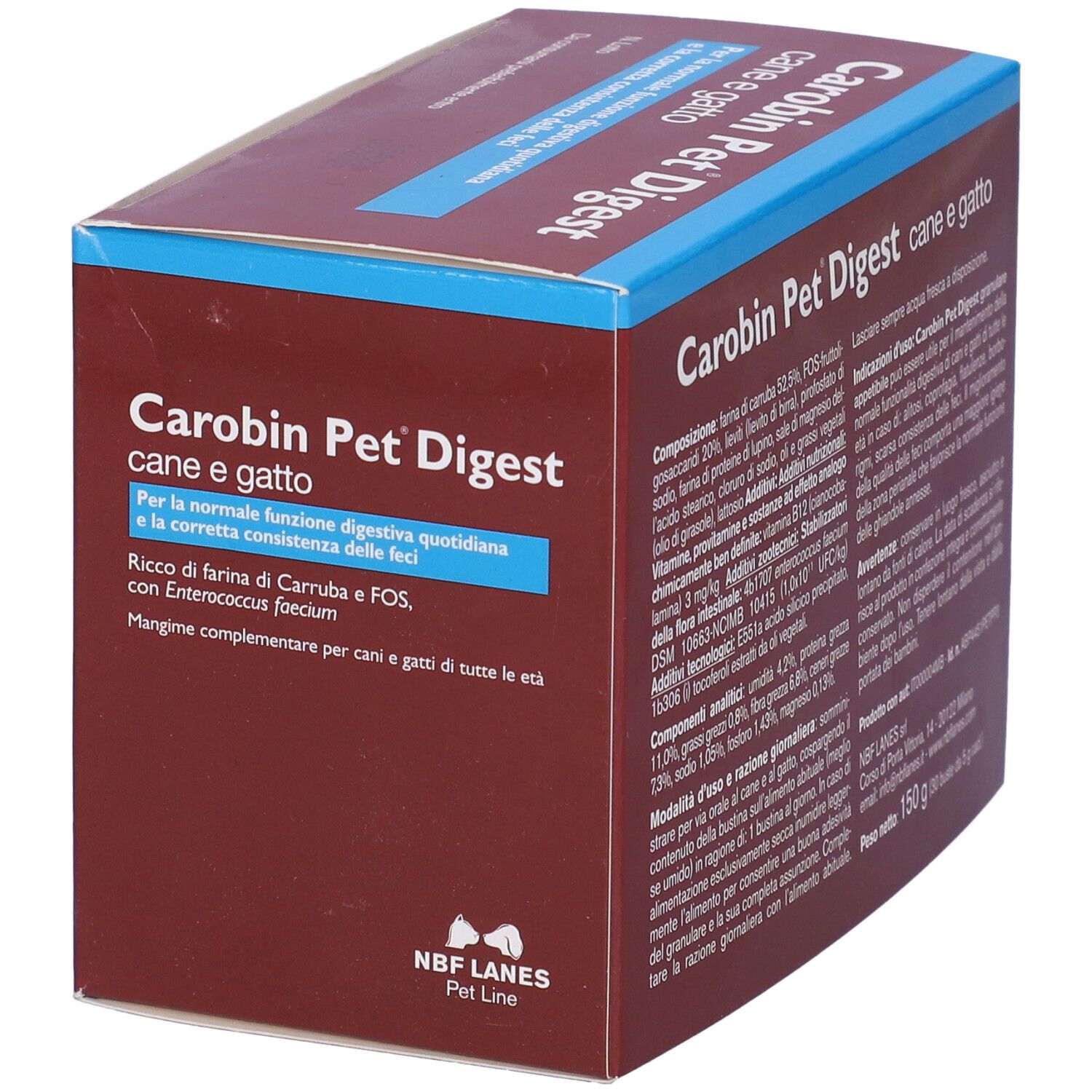 Scatola marrone Carobin Pet Digest, « cane e gatto ». Testo e ingredienti. Logo NBF Lanes Pet Line.