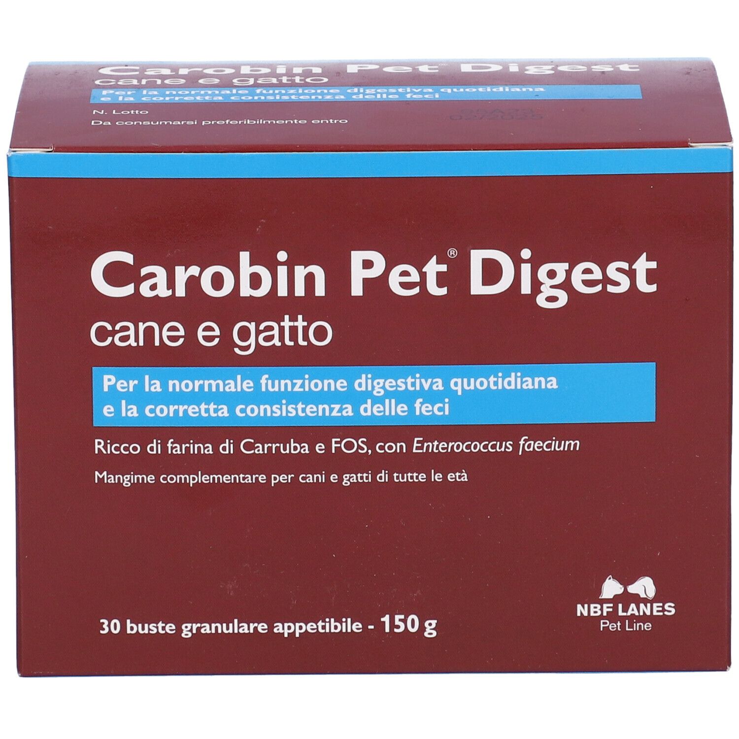 Scatola marrone Carobin Pet Digest, « cane e gatto ». 30 bustine di granulato. Logo NBF Lanes Pet Line.