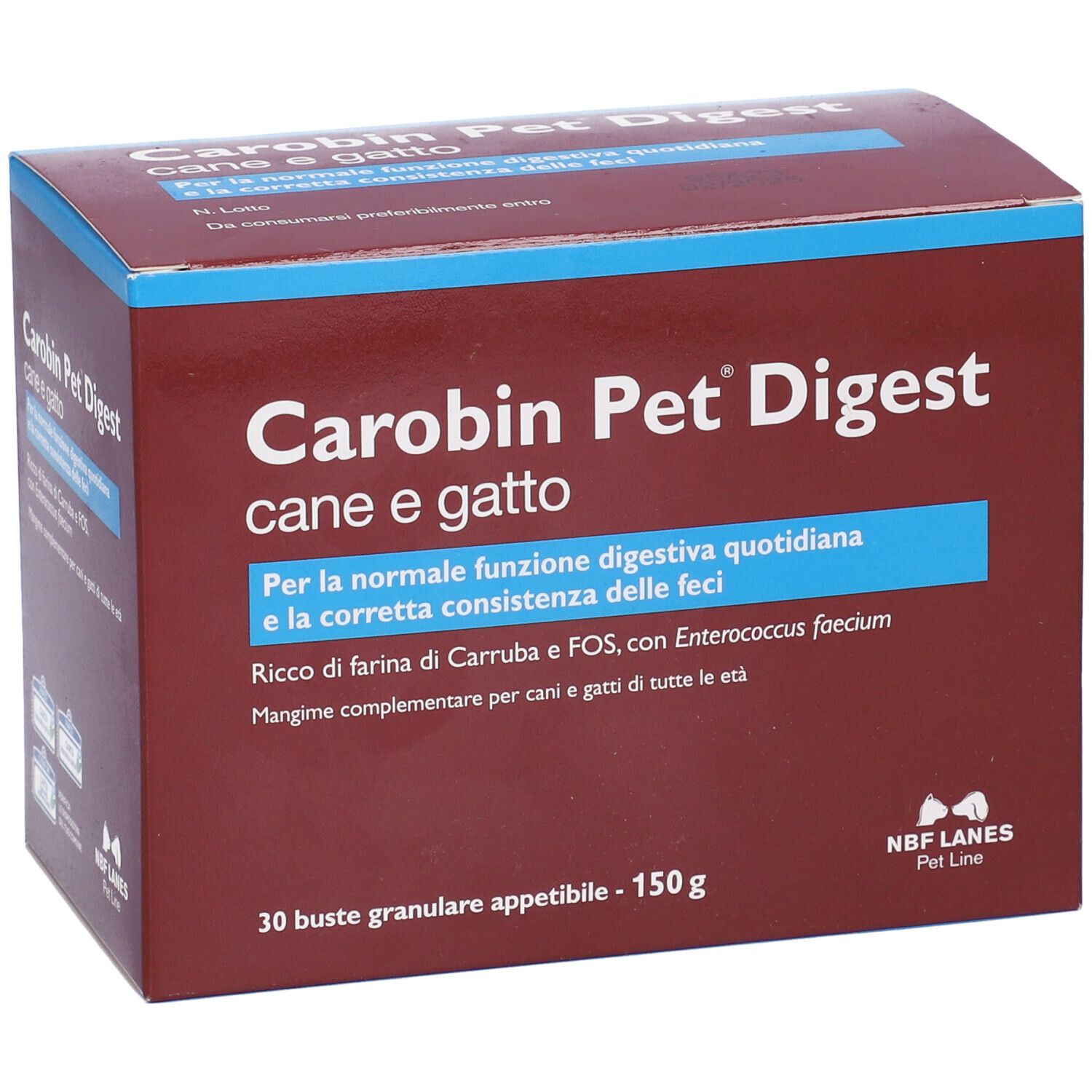 Scatola marrone Carobin Pet Digest, « cane e gatto ». 30 bustine di granulato. Logo NBF Lanes Pet Line.