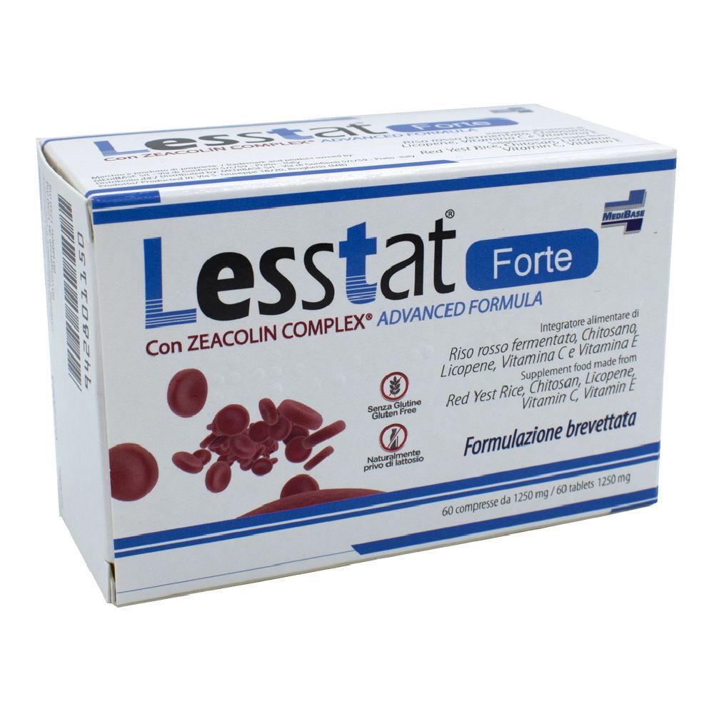 Confezione Lesstat Forte. Scatola bianca con testo blu. Contiene 60 compresse. Compresse rotonde rosse illustrate.